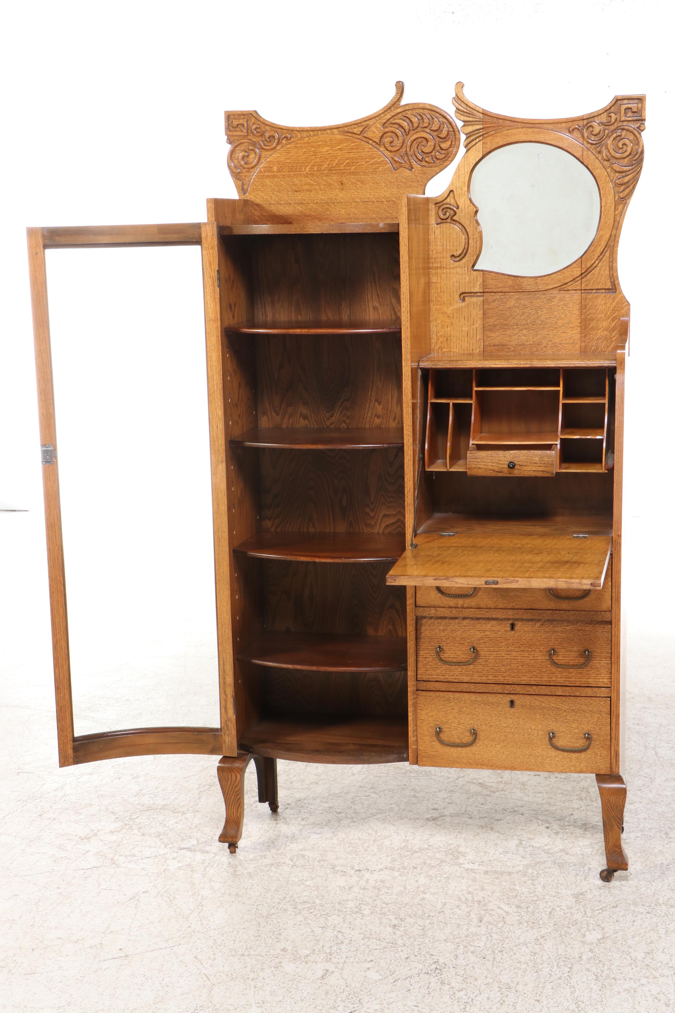 Late Victorian Oak Side-by-Side Secretaire Bookcase, Late 19th/Early 20th C.