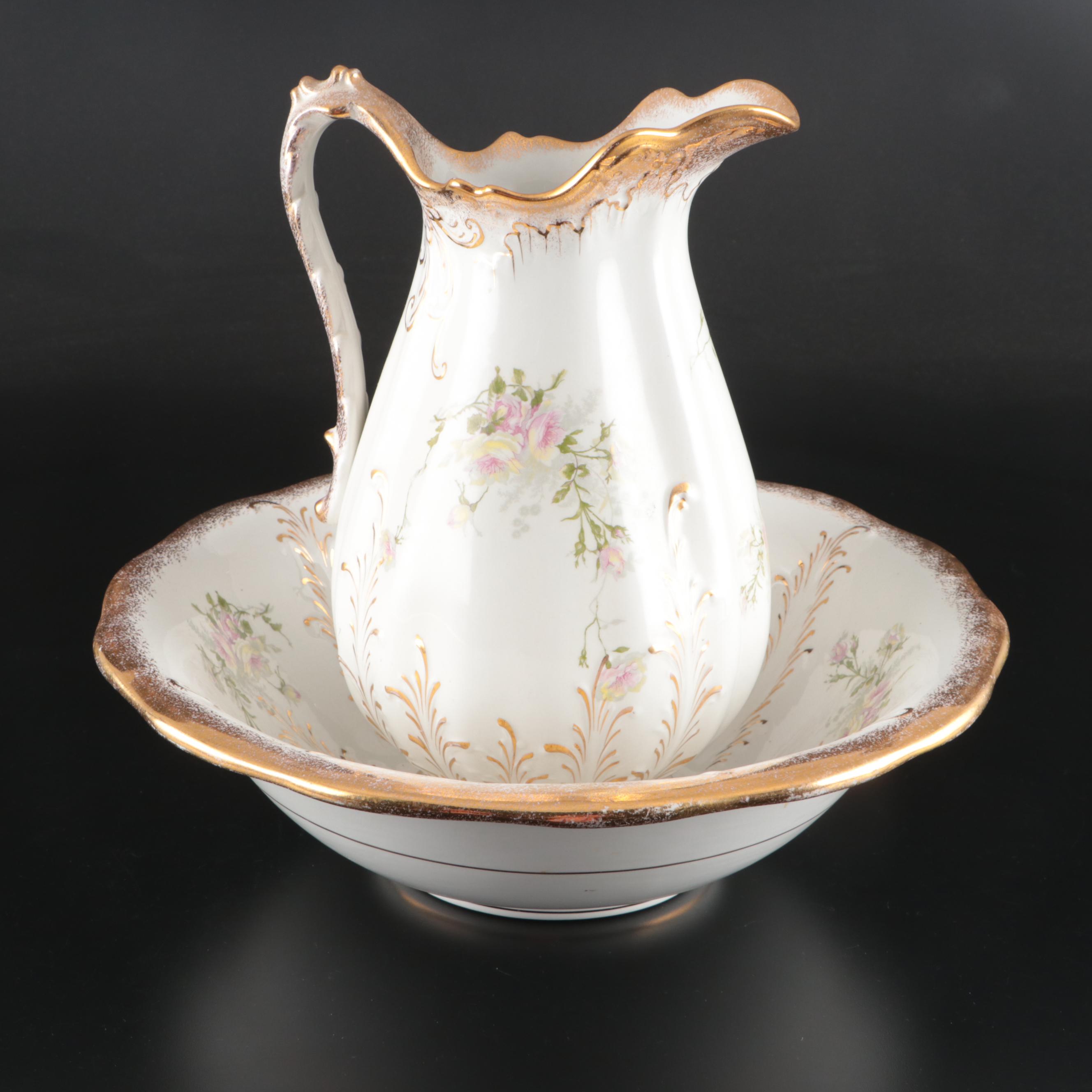 Knowles, Taylor, and Knowles Floral Semi-Vitreous Porcelain Pitcher and Basin