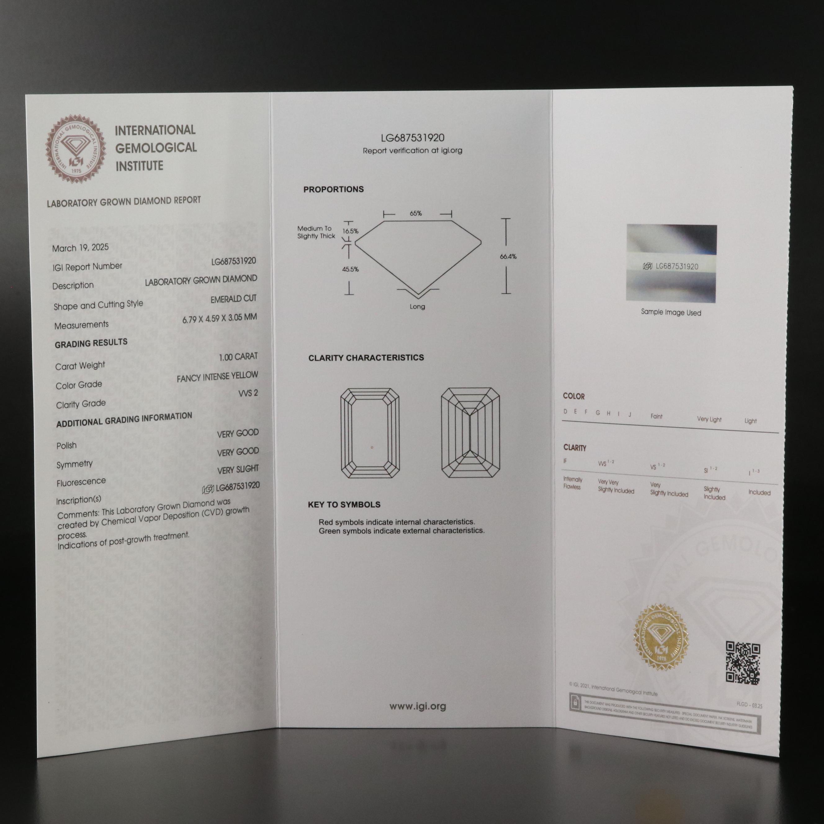 Loose 1.00 CT Lab Grown Fancy Yellow Diamond with IGI Report