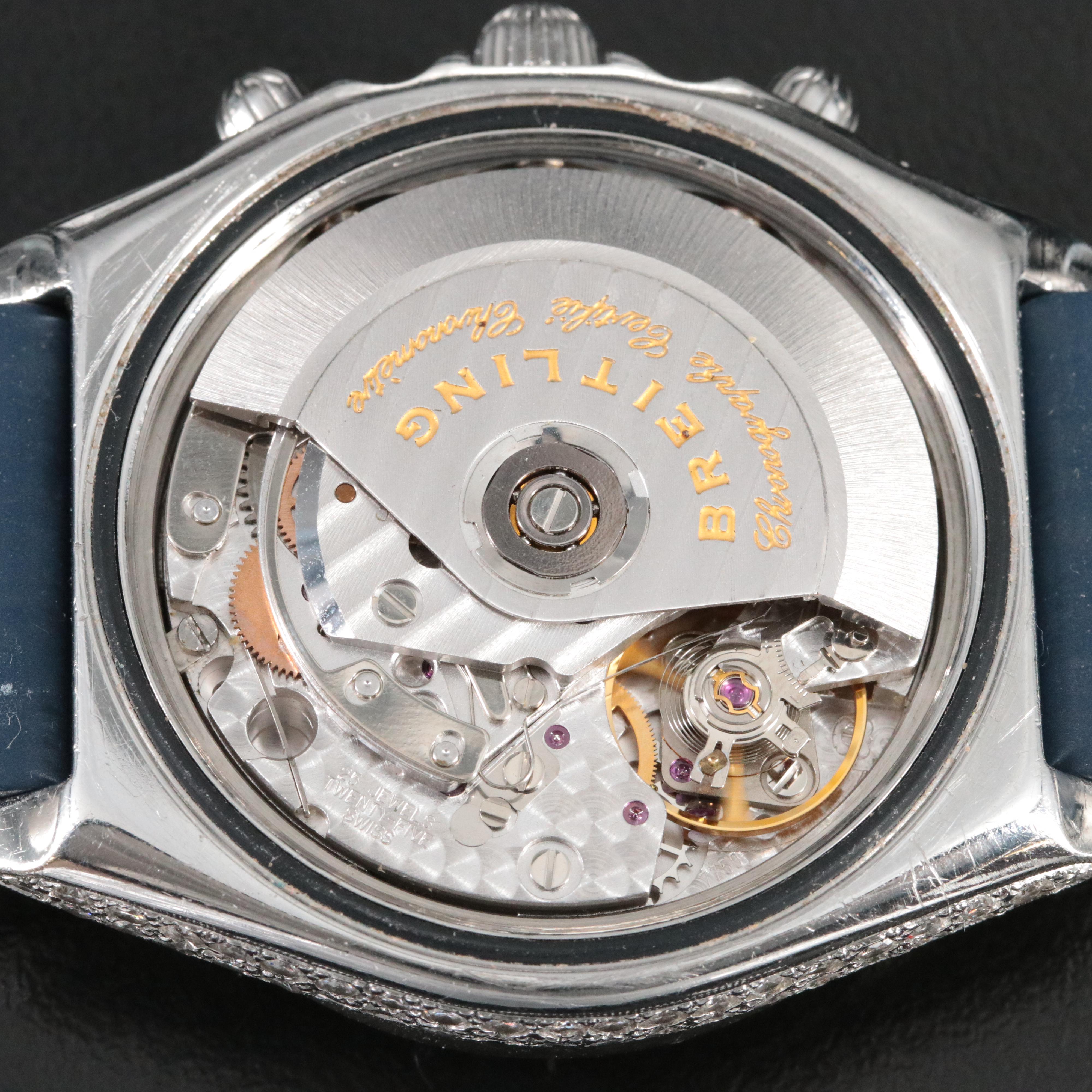 Breitling Chronomat Blackbird A13350 Custom 6 CTW Diamond 40mm Steel Watch