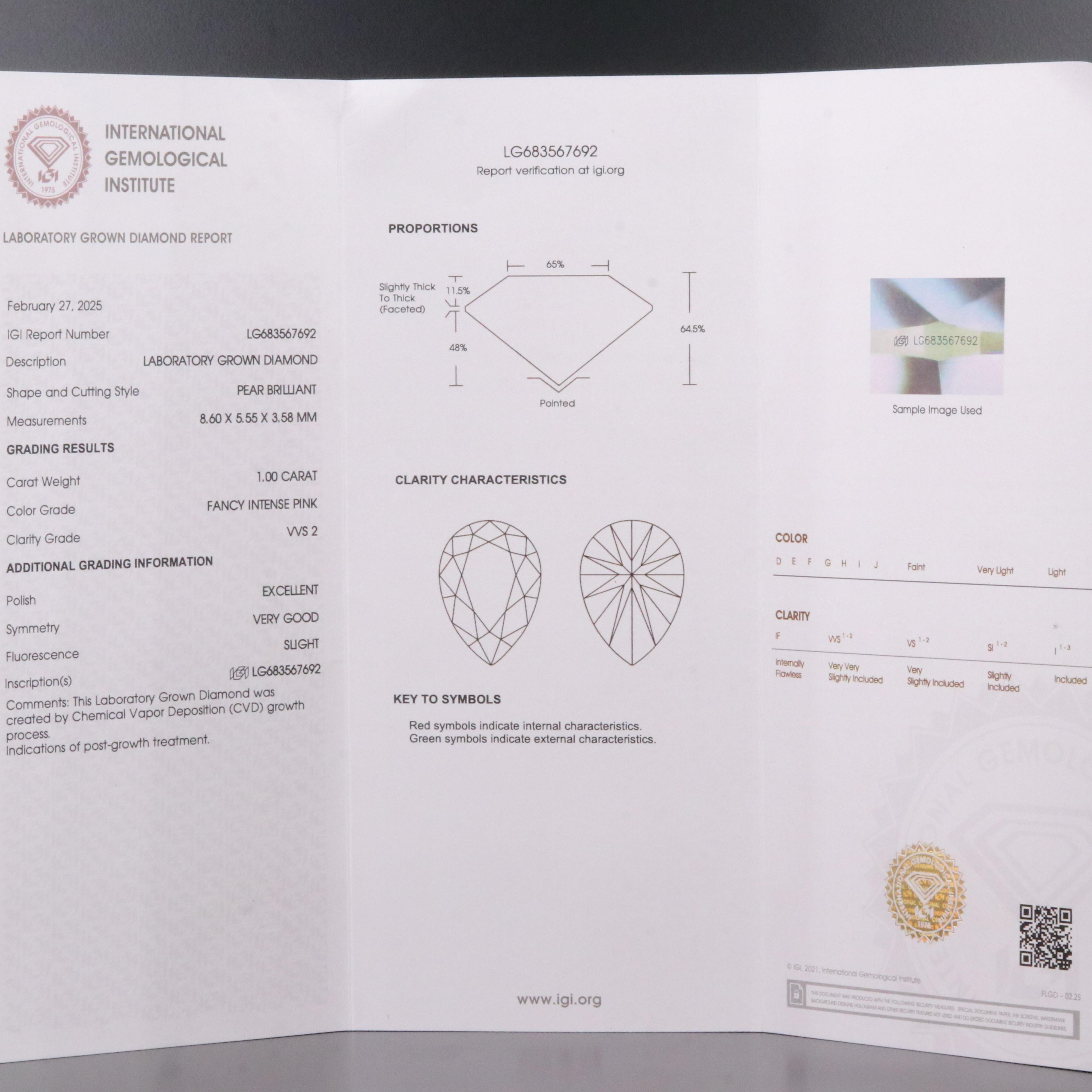 Loose 1.00 CT Lab Grown Fancy Pink Diamond with IGI Report