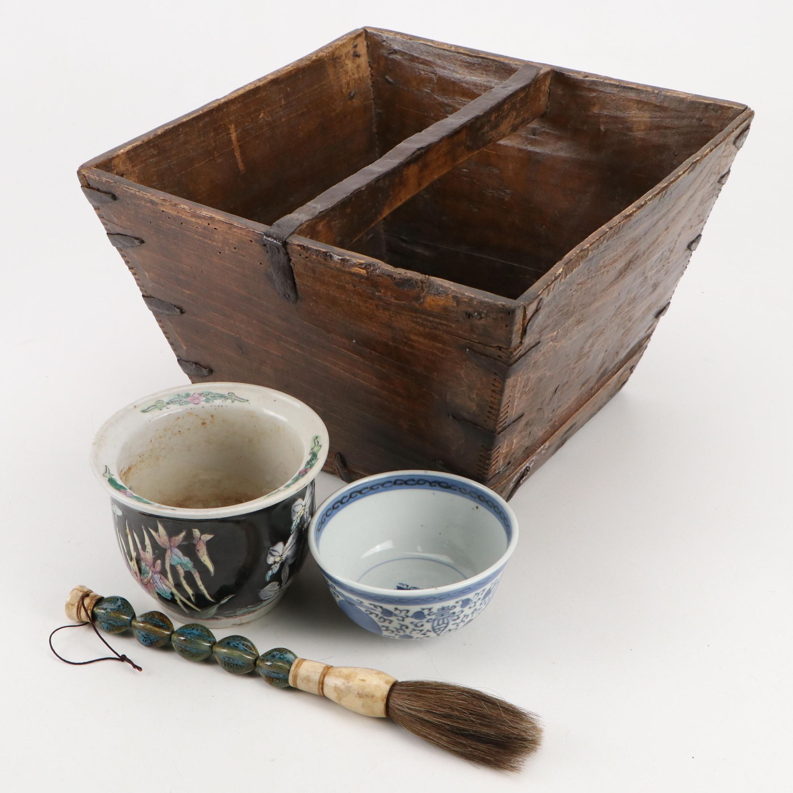 Chinese Styled Wooden Rice Bucket with Bowl, Planter and Calligraphy Brush