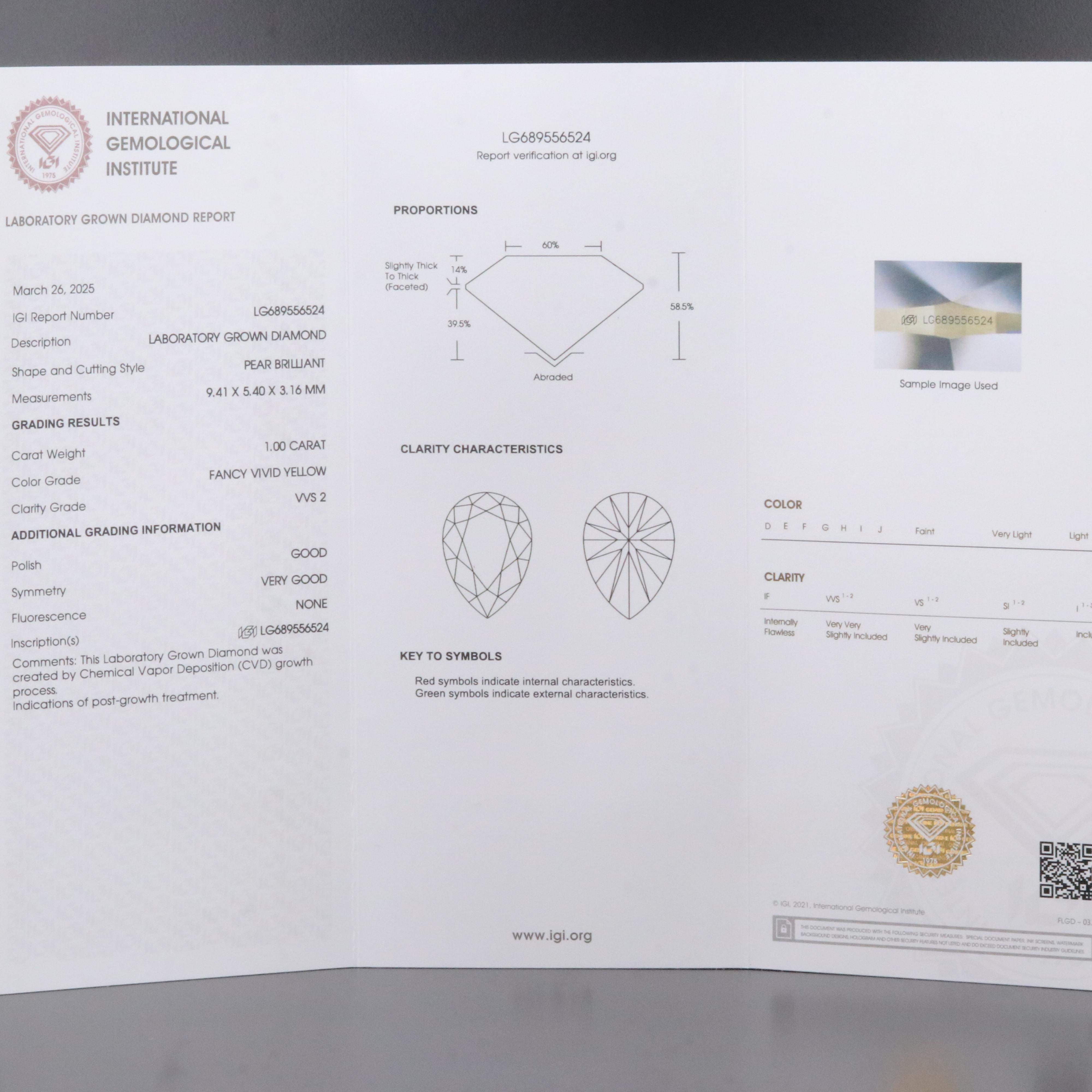 Loose 1.00 CT Lab Grown Fancy Yellow Diamond with IGI Report