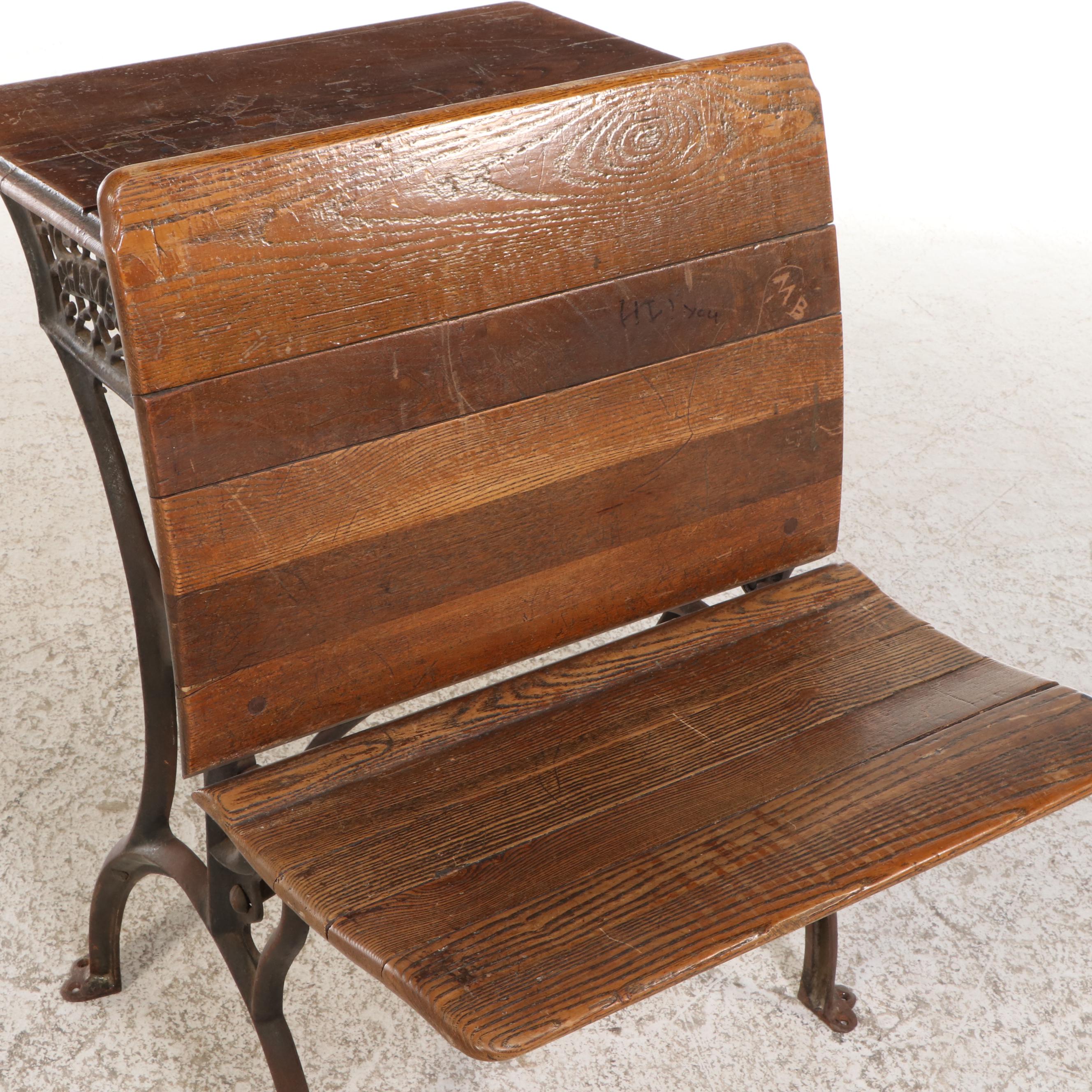 Champion Oak and Cast Iron School Desk, Early to Mid-20th Century