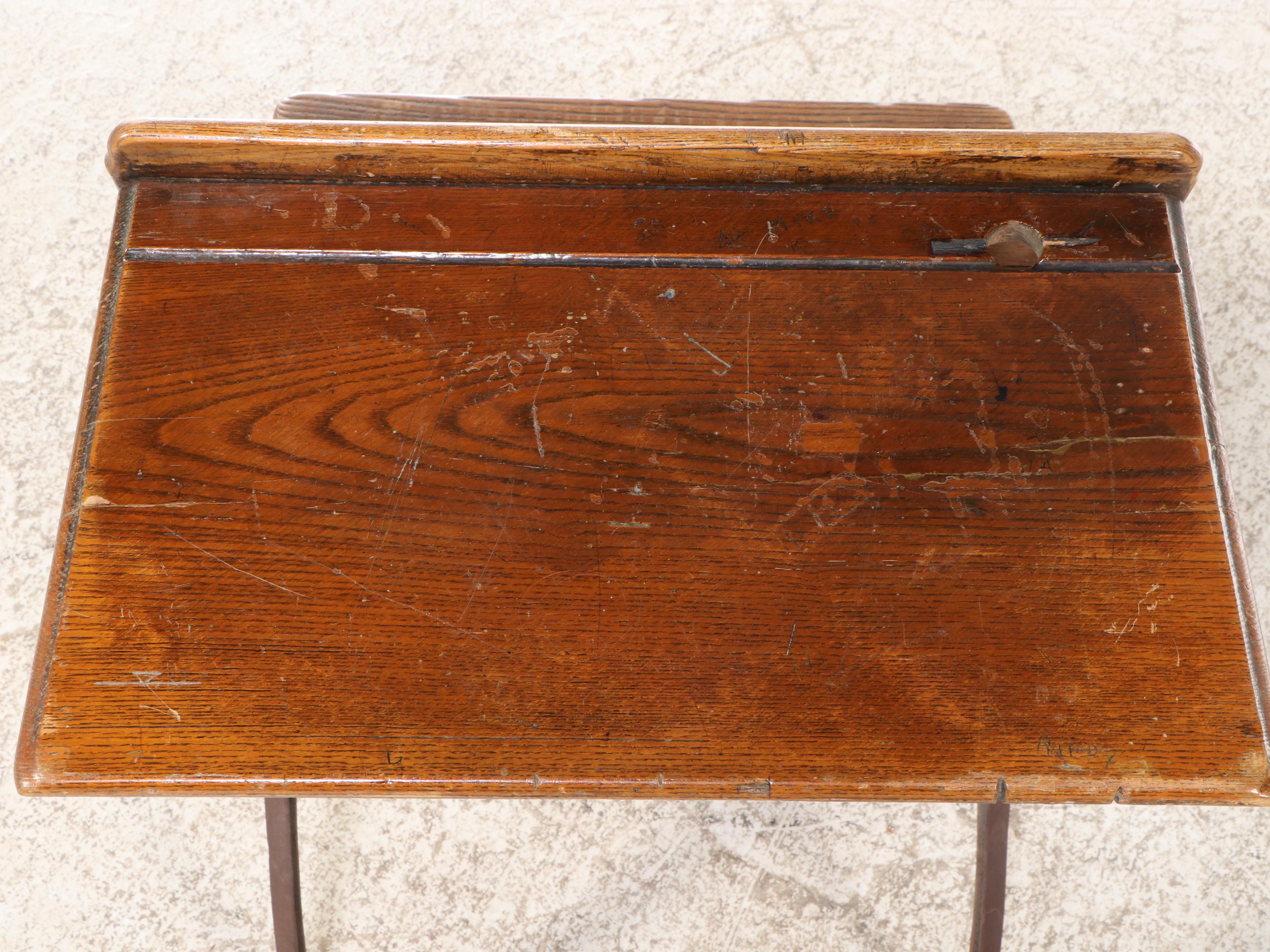 Champion Oak and Cast Iron School Desk, Early to Mid-20th Century