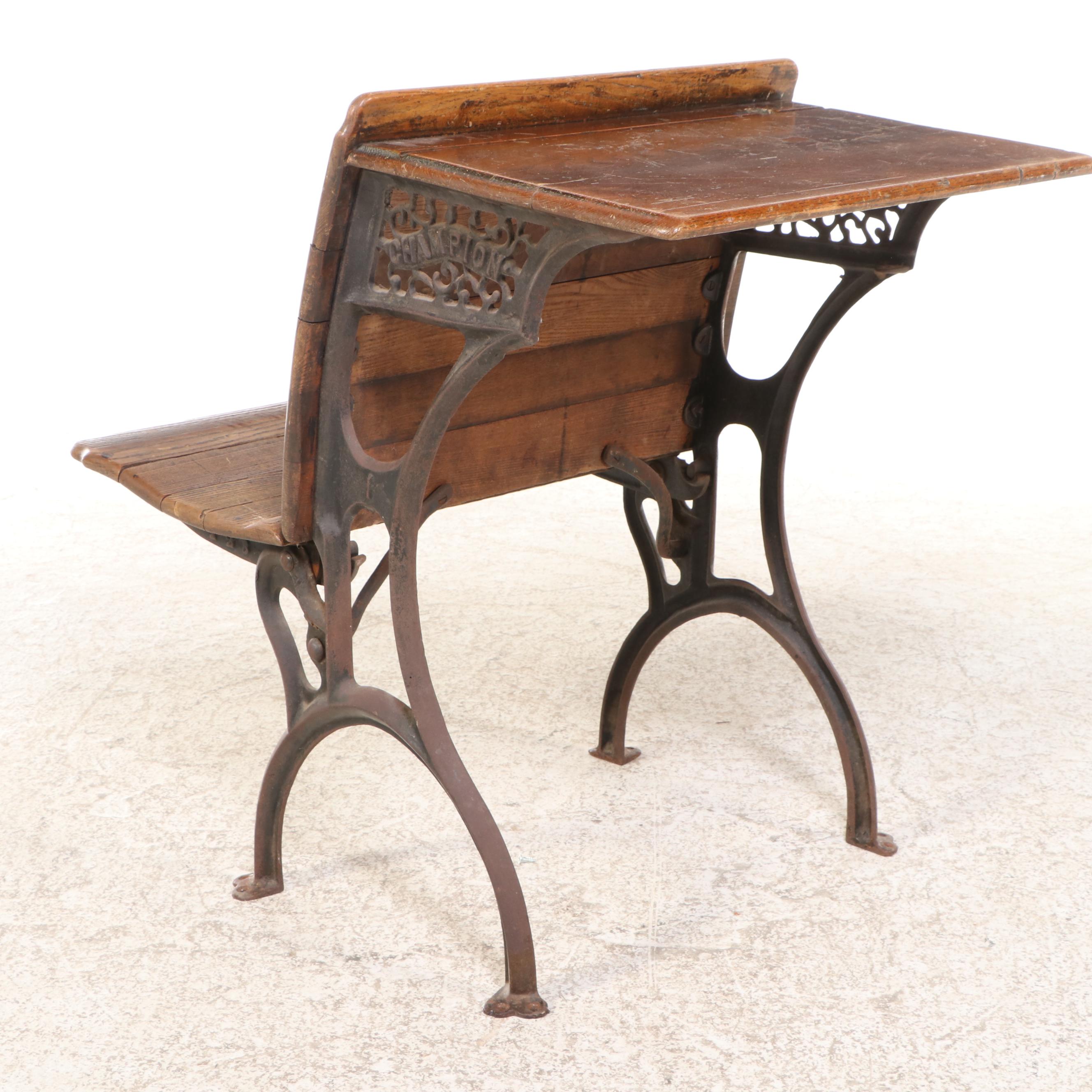 Champion Oak and Cast Iron School Desk, Early to Mid-20th Century