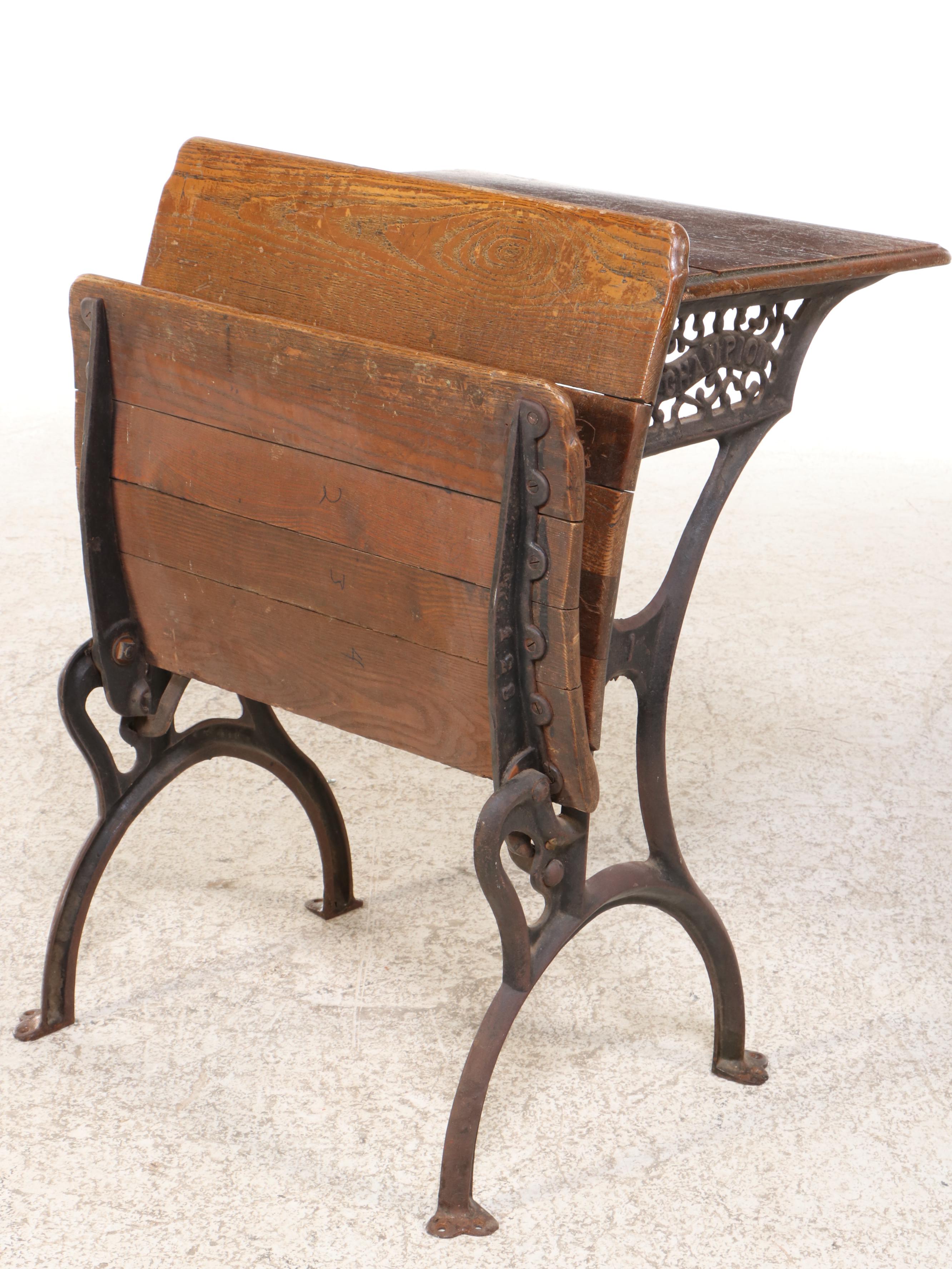 Champion Oak and Cast Iron School Desk, Early to Mid-20th Century