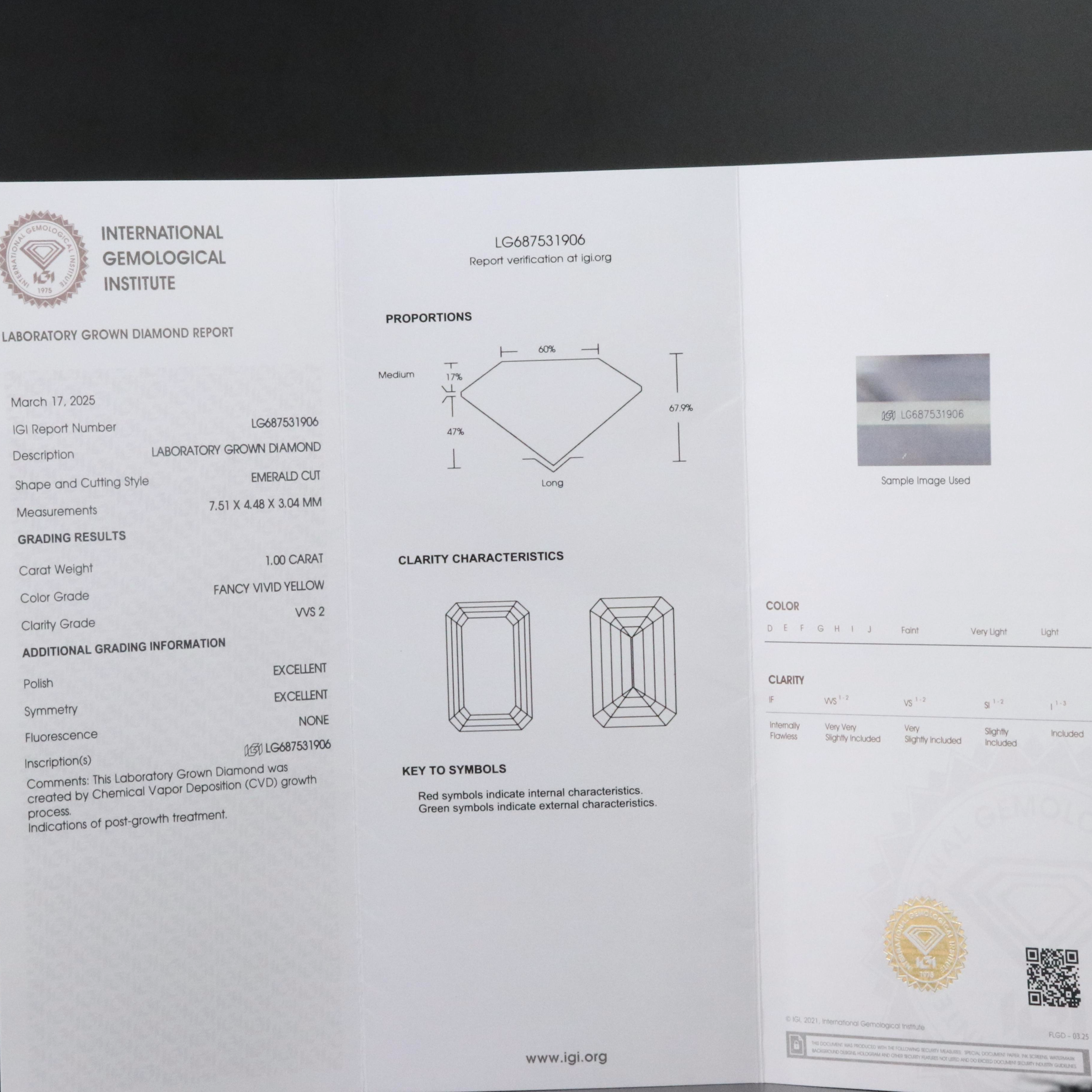 Loose 1.00 CT Lab Grown Fancy Yellow Diamond with IGI Report
