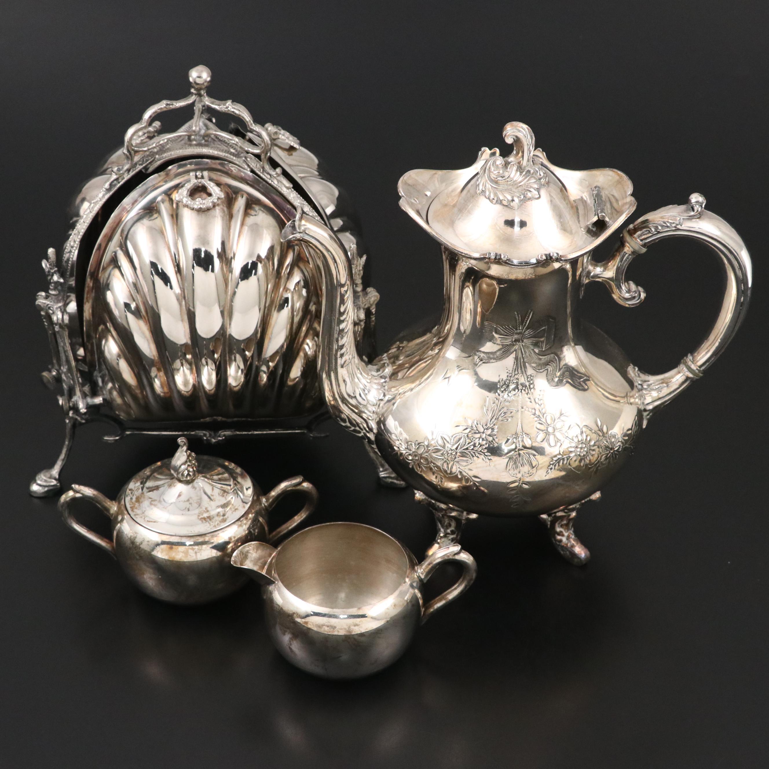 Meriden Silver Plate Teapot and F. B. Rogers Creamer and Sugar with Bun Warmer