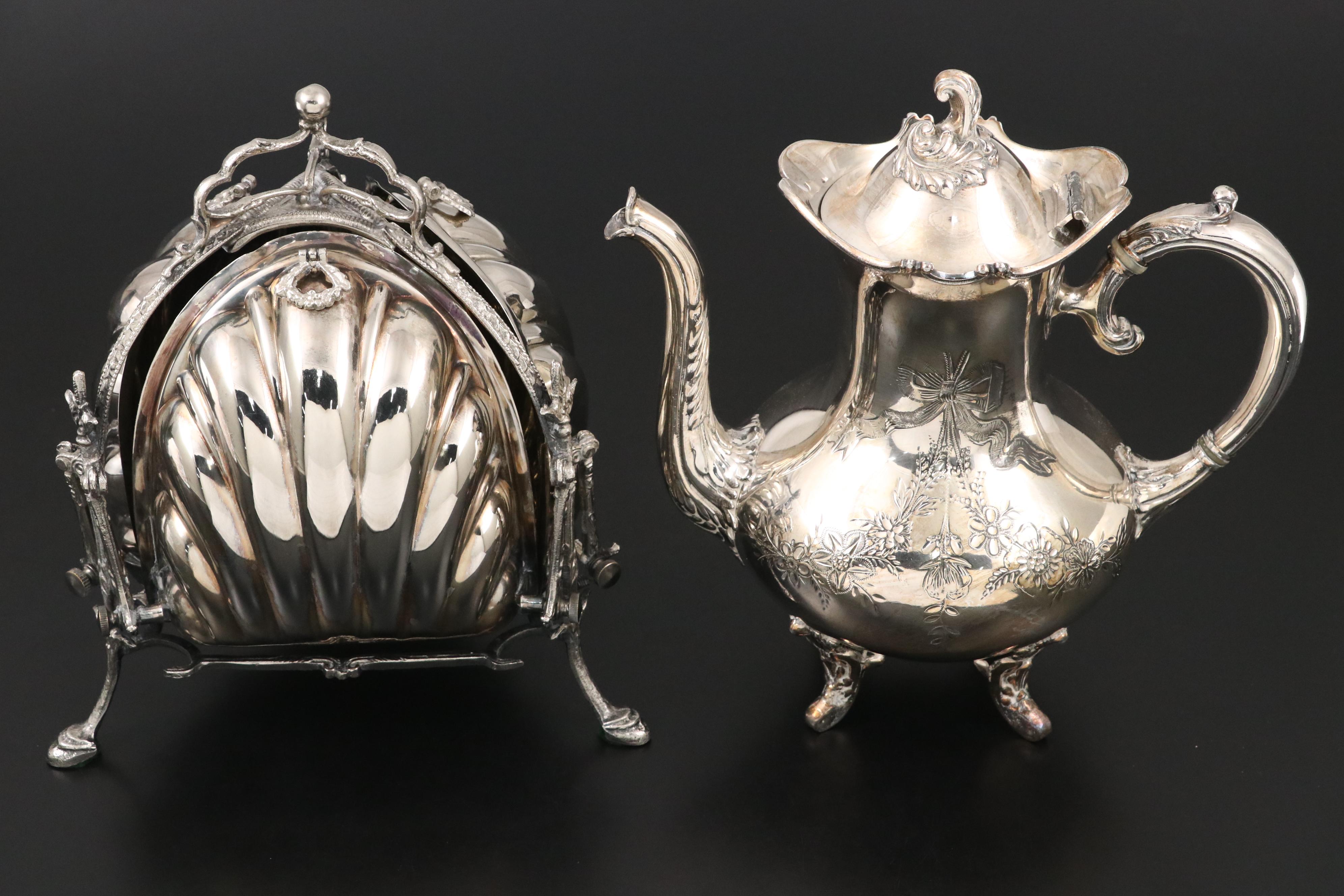 Meriden Silver Plate Teapot and F. B. Rogers Creamer and Sugar with Bun Warmer