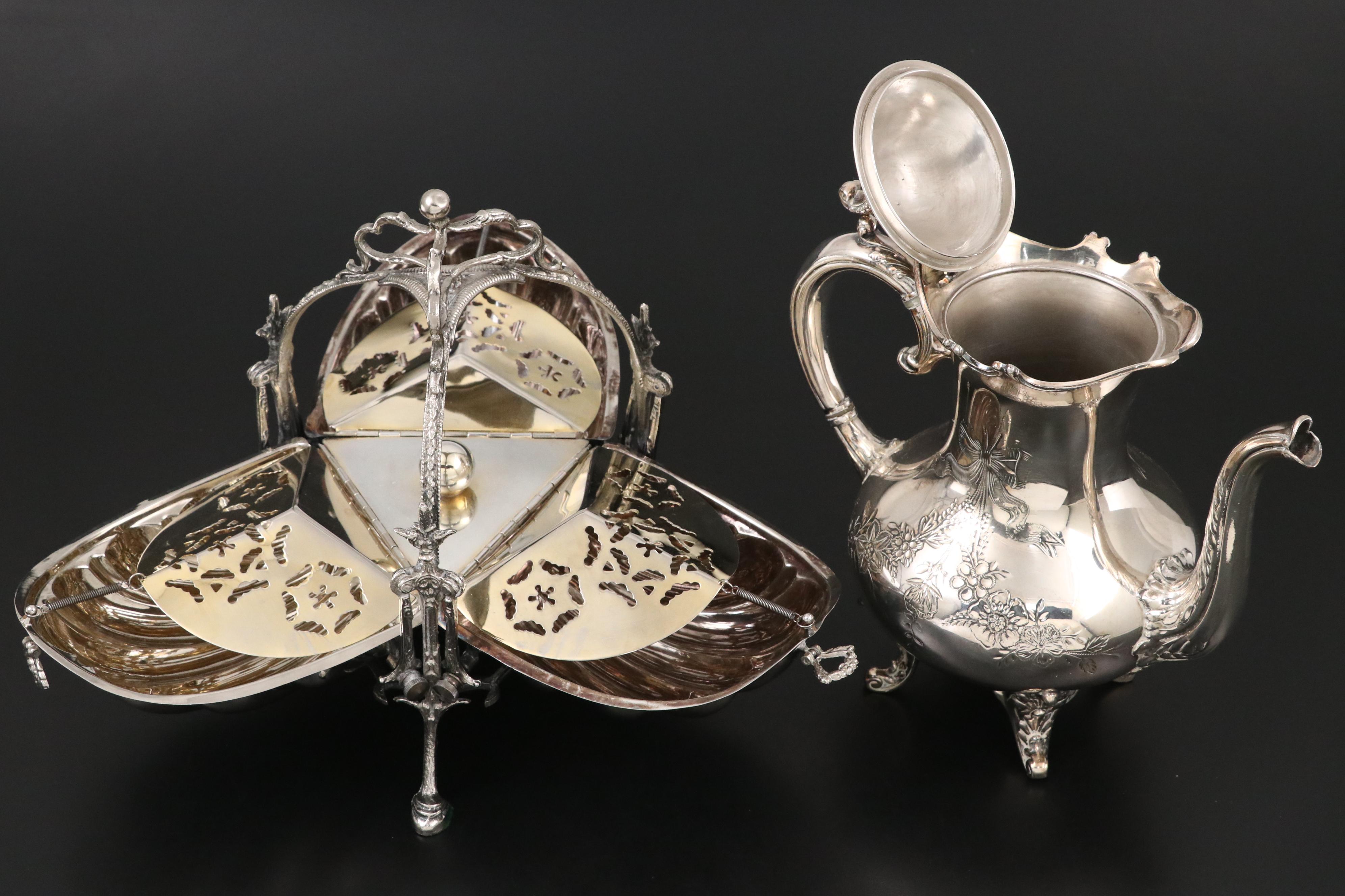 Meriden Silver Plate Teapot and F. B. Rogers Creamer and Sugar with Bun Warmer