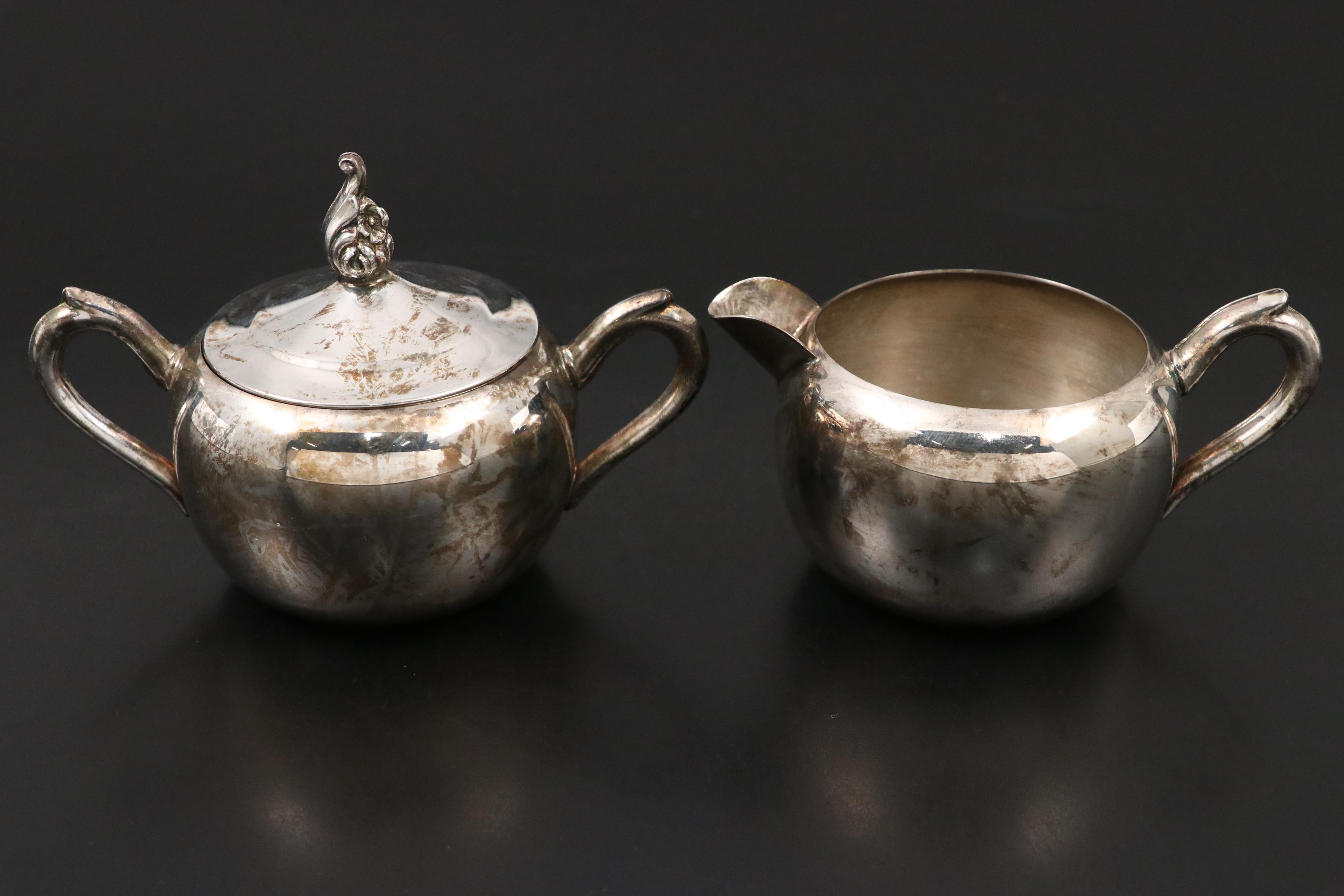 Meriden Silver Plate Teapot and F. B. Rogers Creamer and Sugar with Bun Warmer