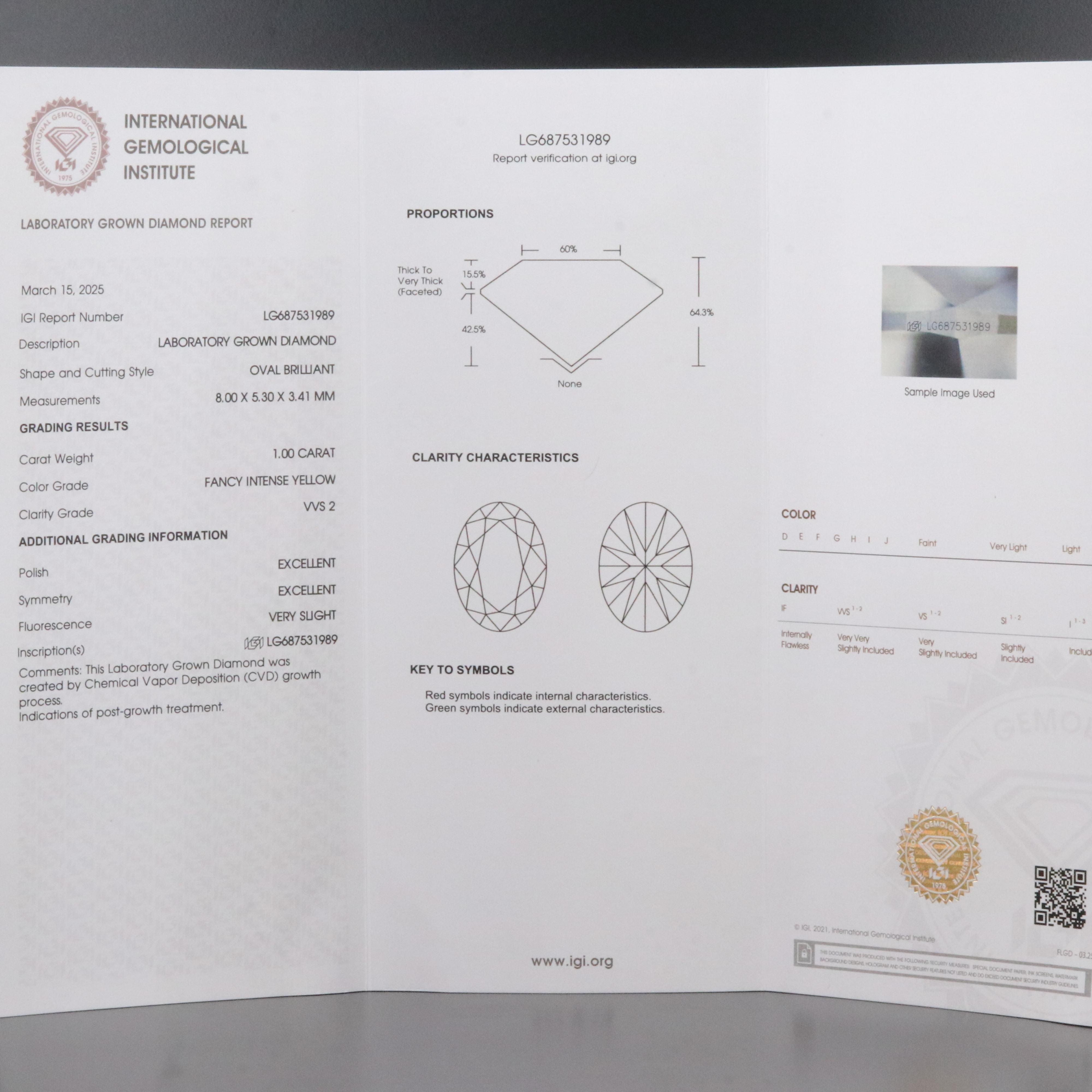 Loose 1.00 CT Lab Grown Fancy Yellow Diamond with IGI Report