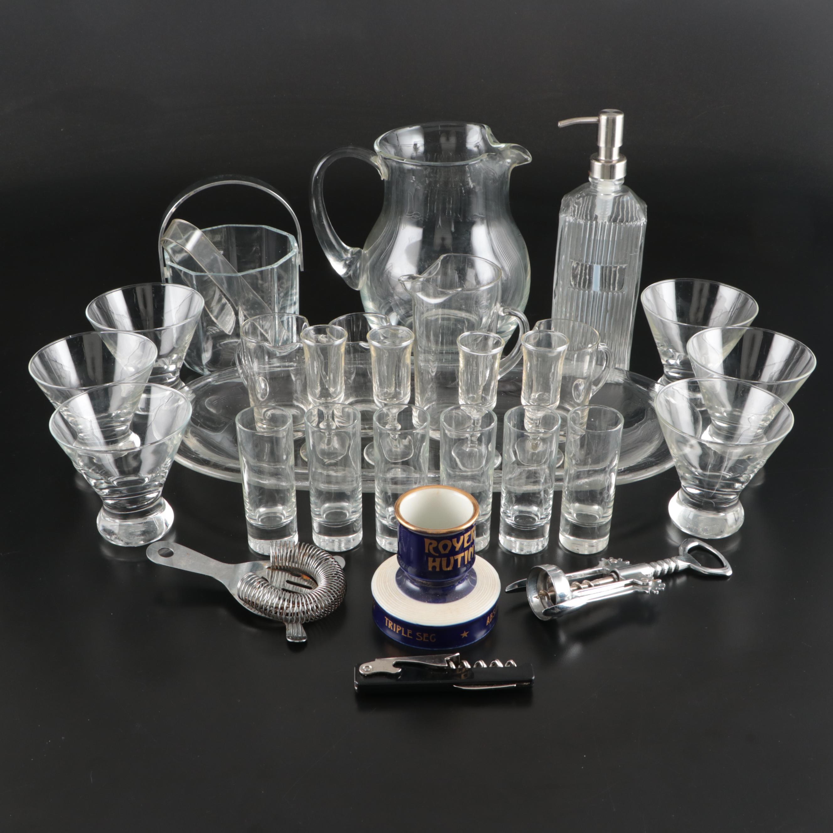 Stemless Martini Glasses with Cordials, Pitcher, Serving Tray and More Barware