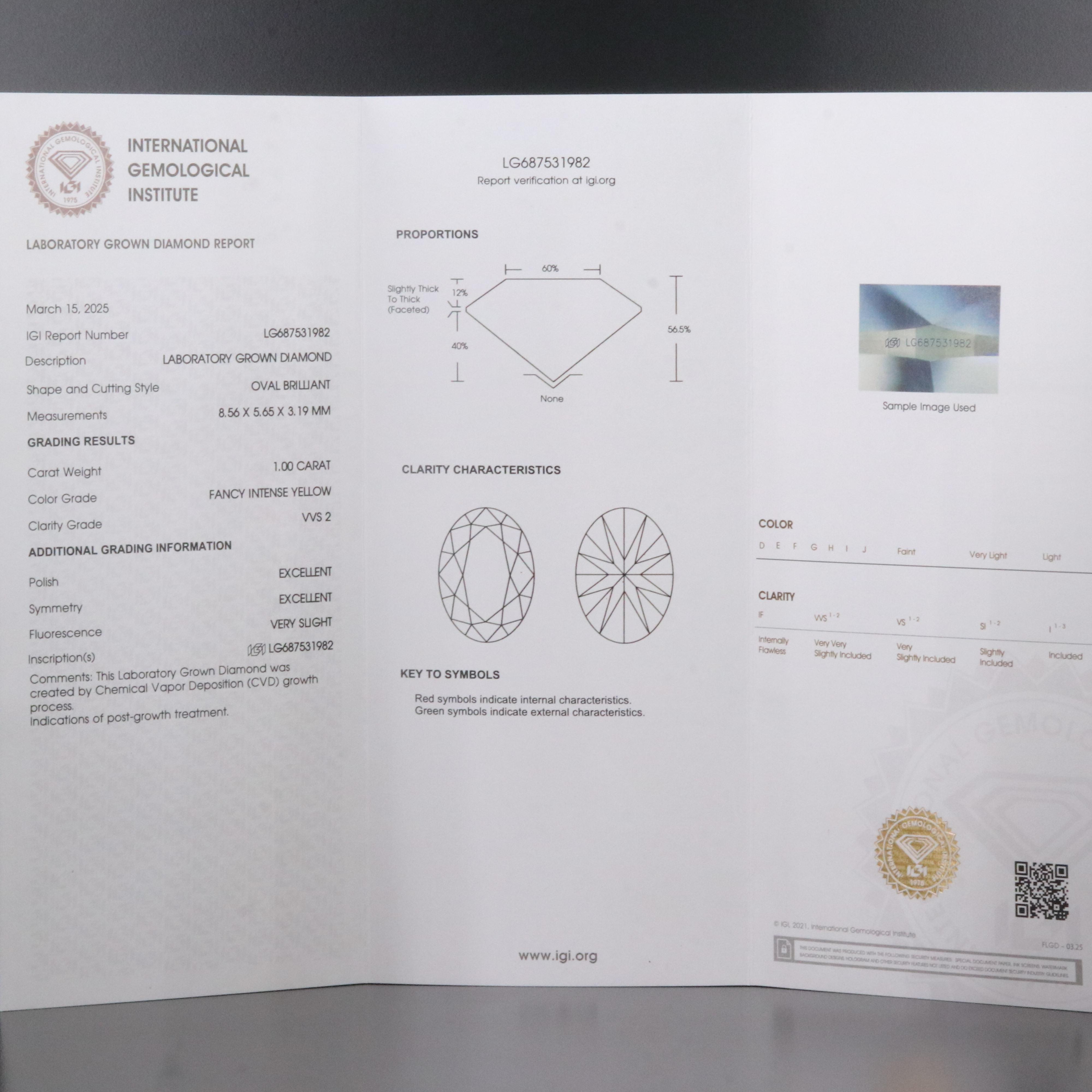 Loose 1.00 CT Lab Grown Fancy Yellow Diamond with IGI Report