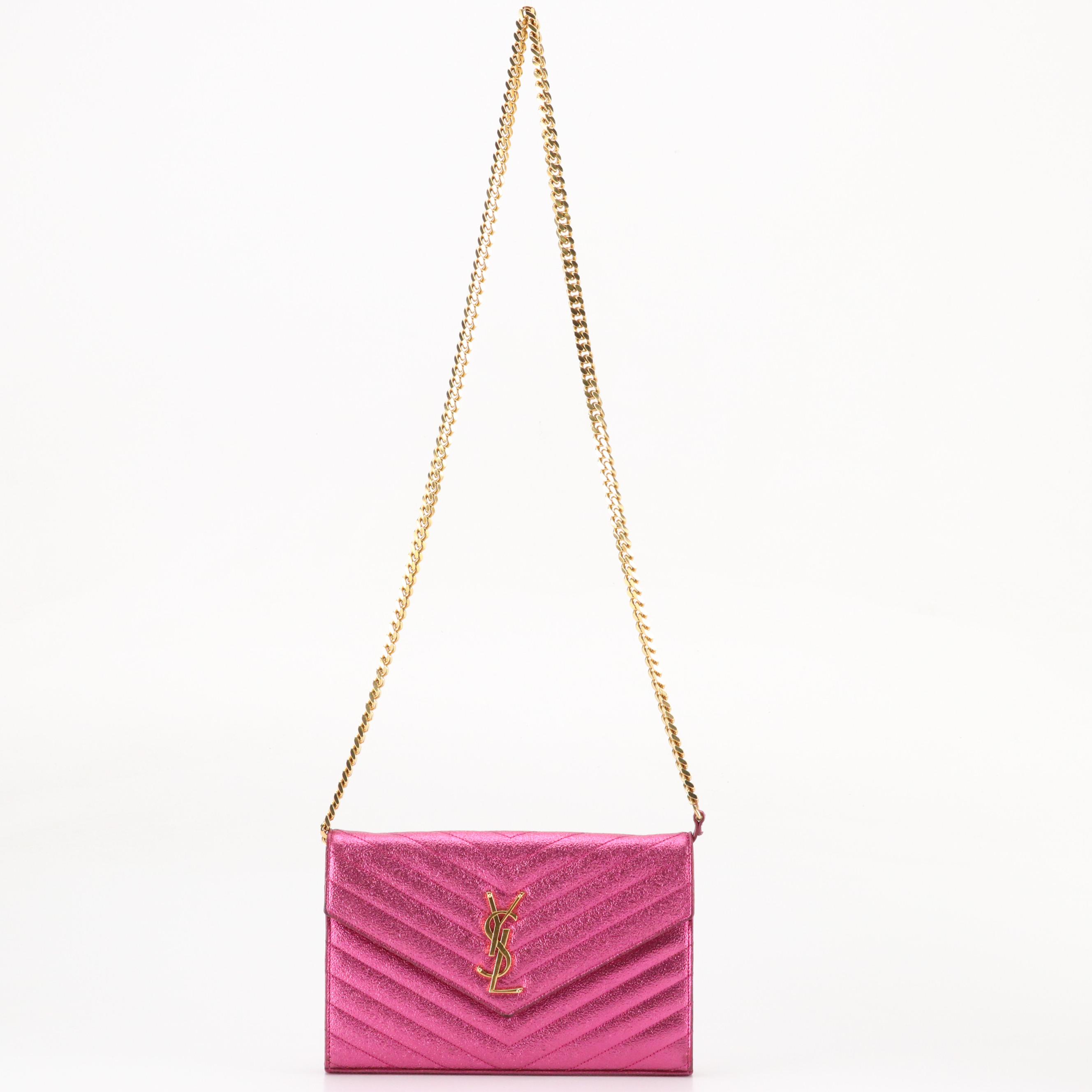 Saint Laurent Pink Metallic Crackled Leather Crossbody Clutch on Chain
