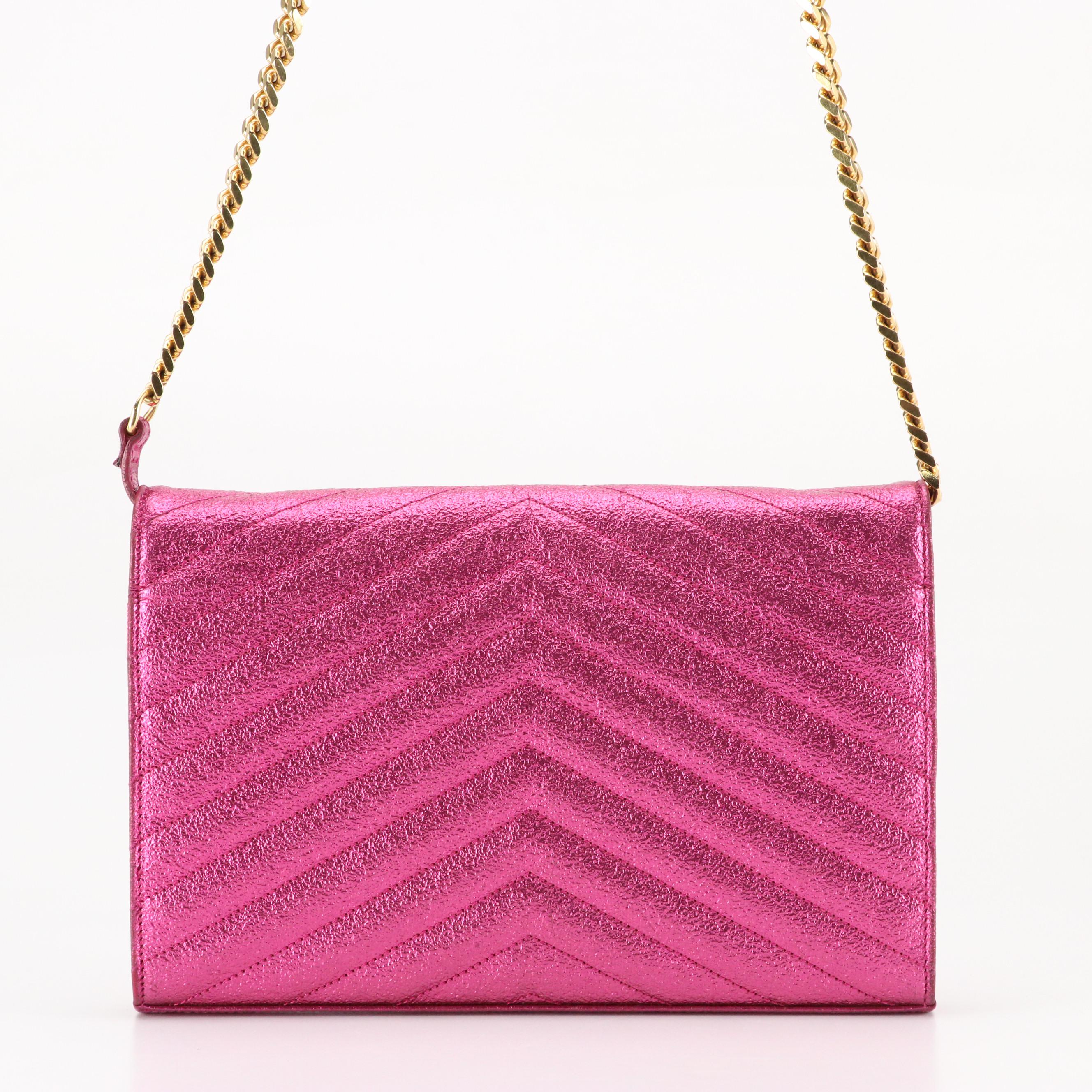 Saint Laurent Pink Metallic Crackled Leather Crossbody Clutch on Chain