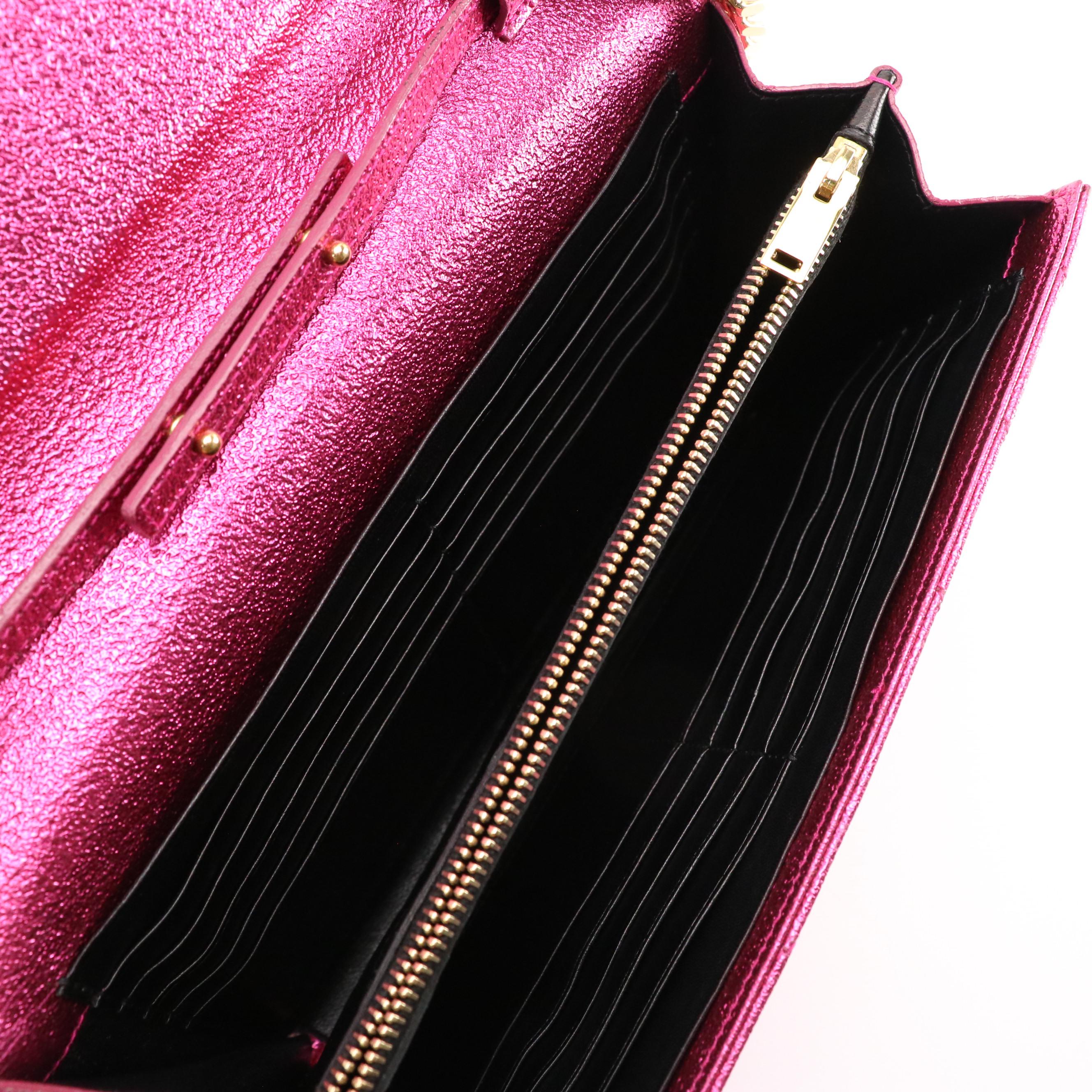 Saint Laurent Pink Metallic Crackled Leather Crossbody Clutch on Chain