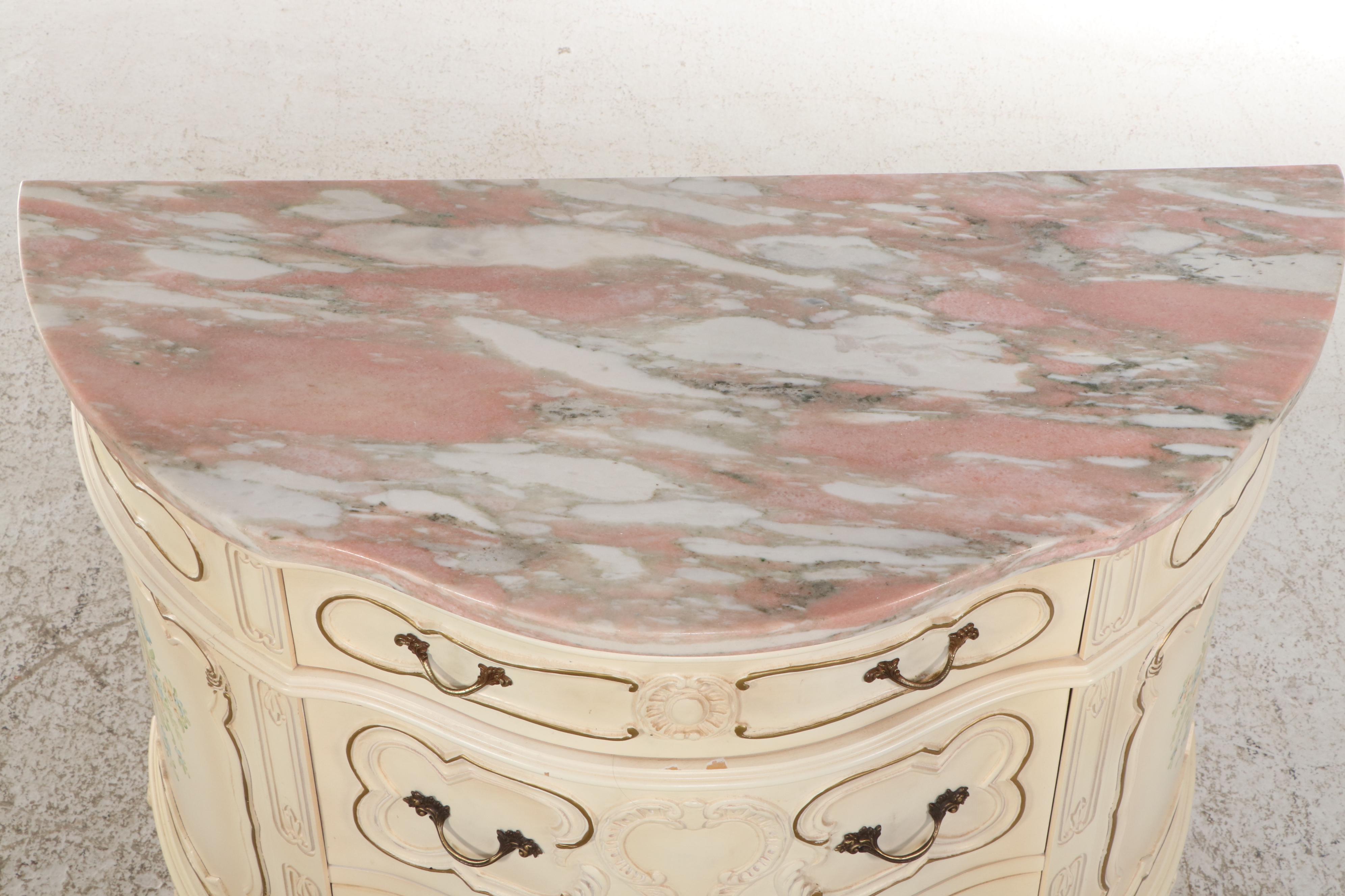 French Provincial Style Marble Top Three-Drawer Demilune Commode