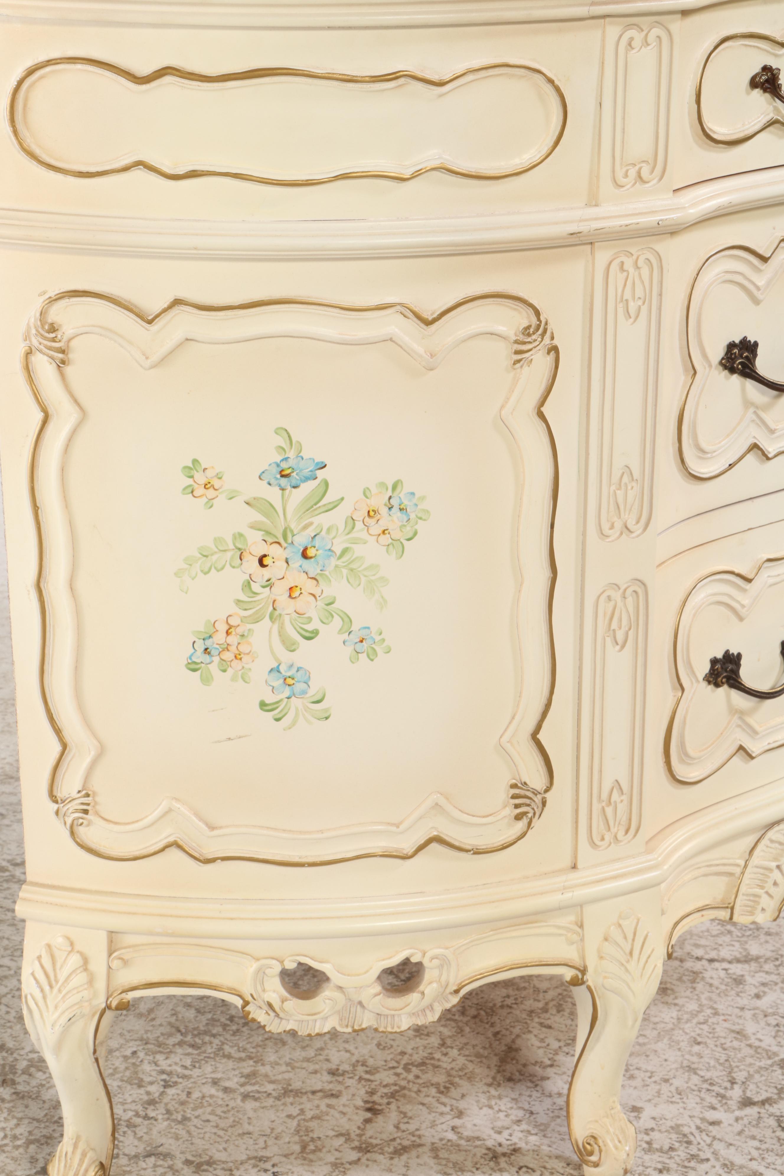 French Provincial Style Marble Top Three-Drawer Demilune Commode