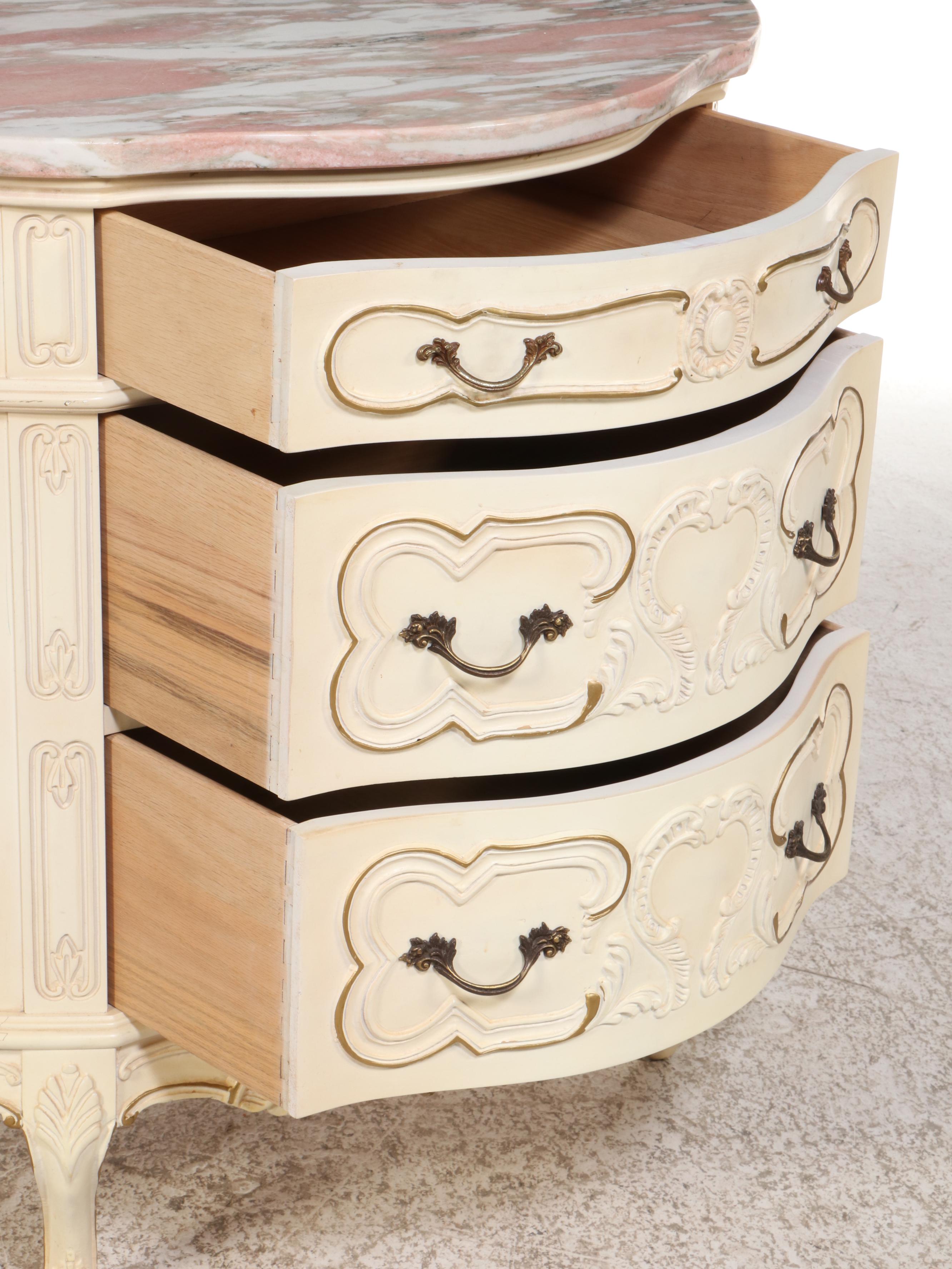 French Provincial Style Marble Top Three-Drawer Demilune Commode