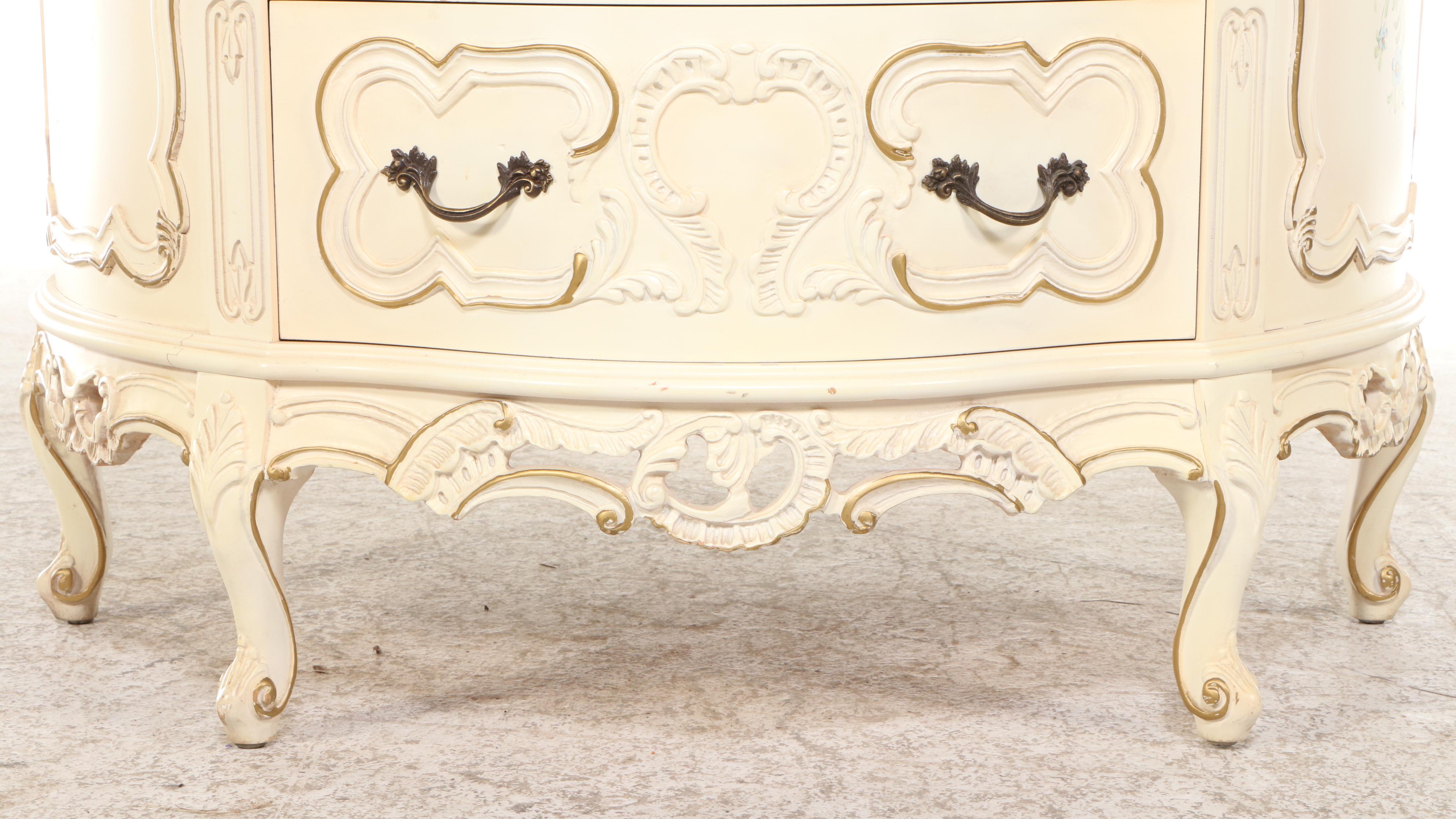 French Provincial Style Marble Top Three-Drawer Demilune Commode
