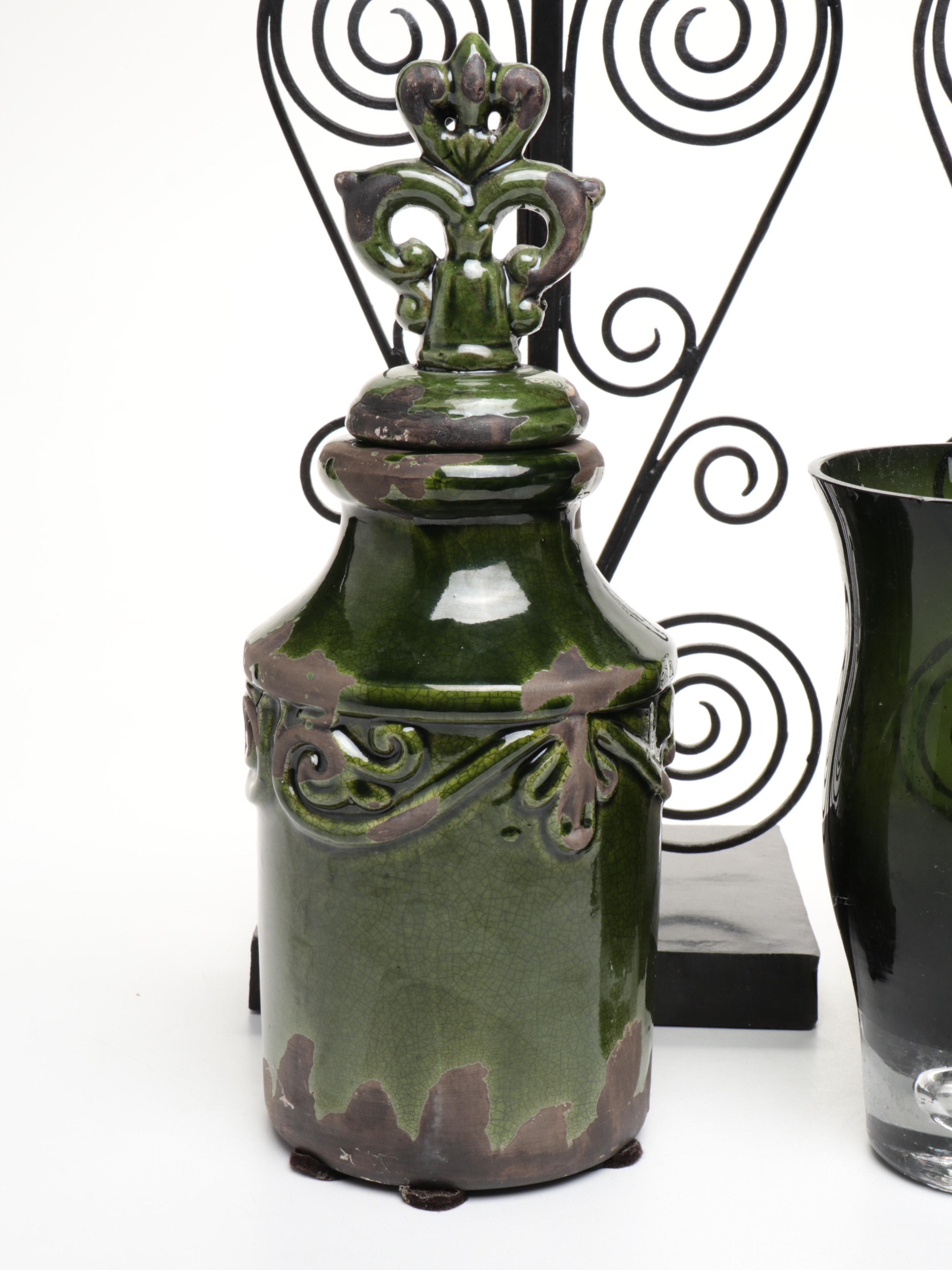 Metal Swirl Candle Holders, Metal Table Lamp, and Other Décor