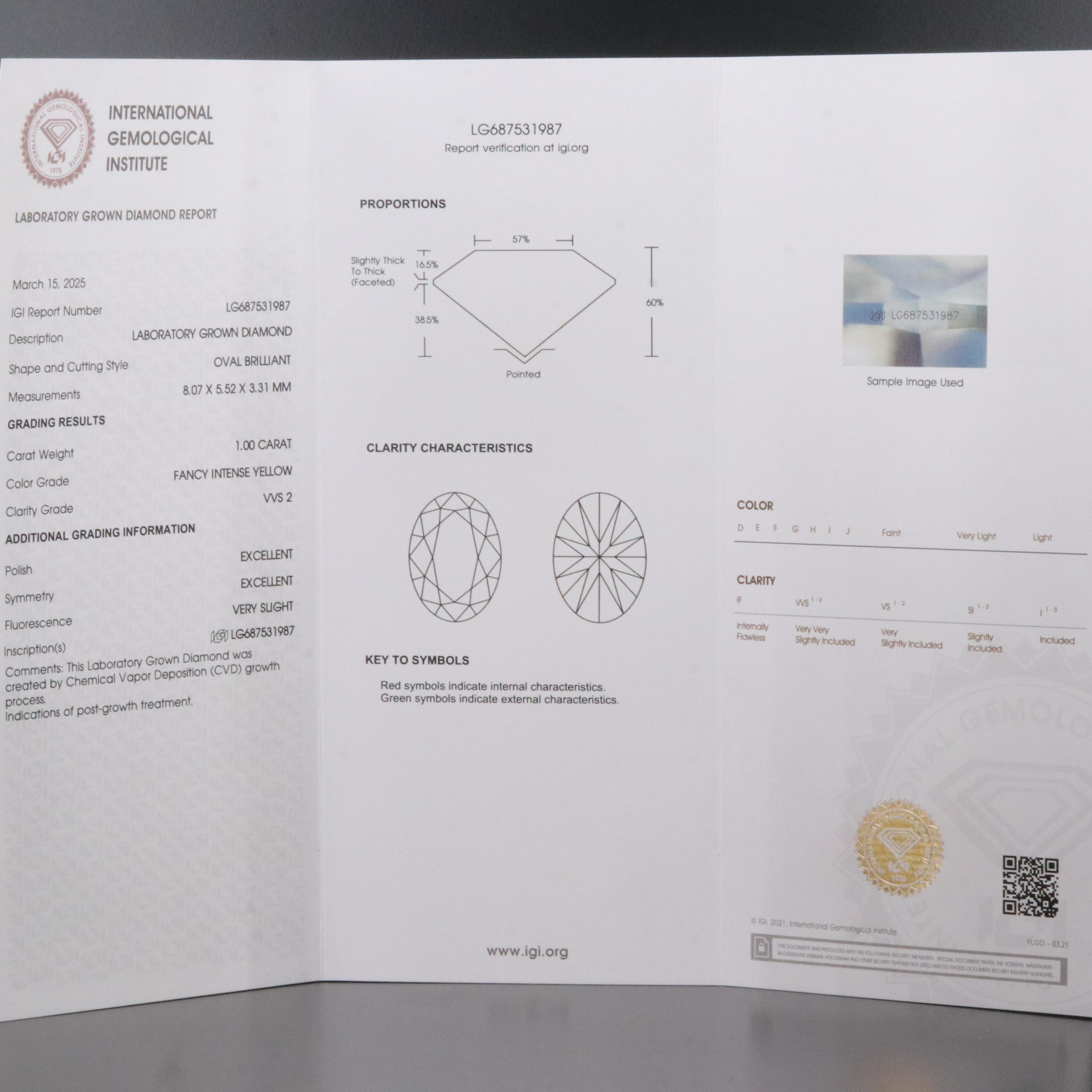 Loose 1.00 CT Lab Grown Fancy Yellow Diamond with IGI Report
