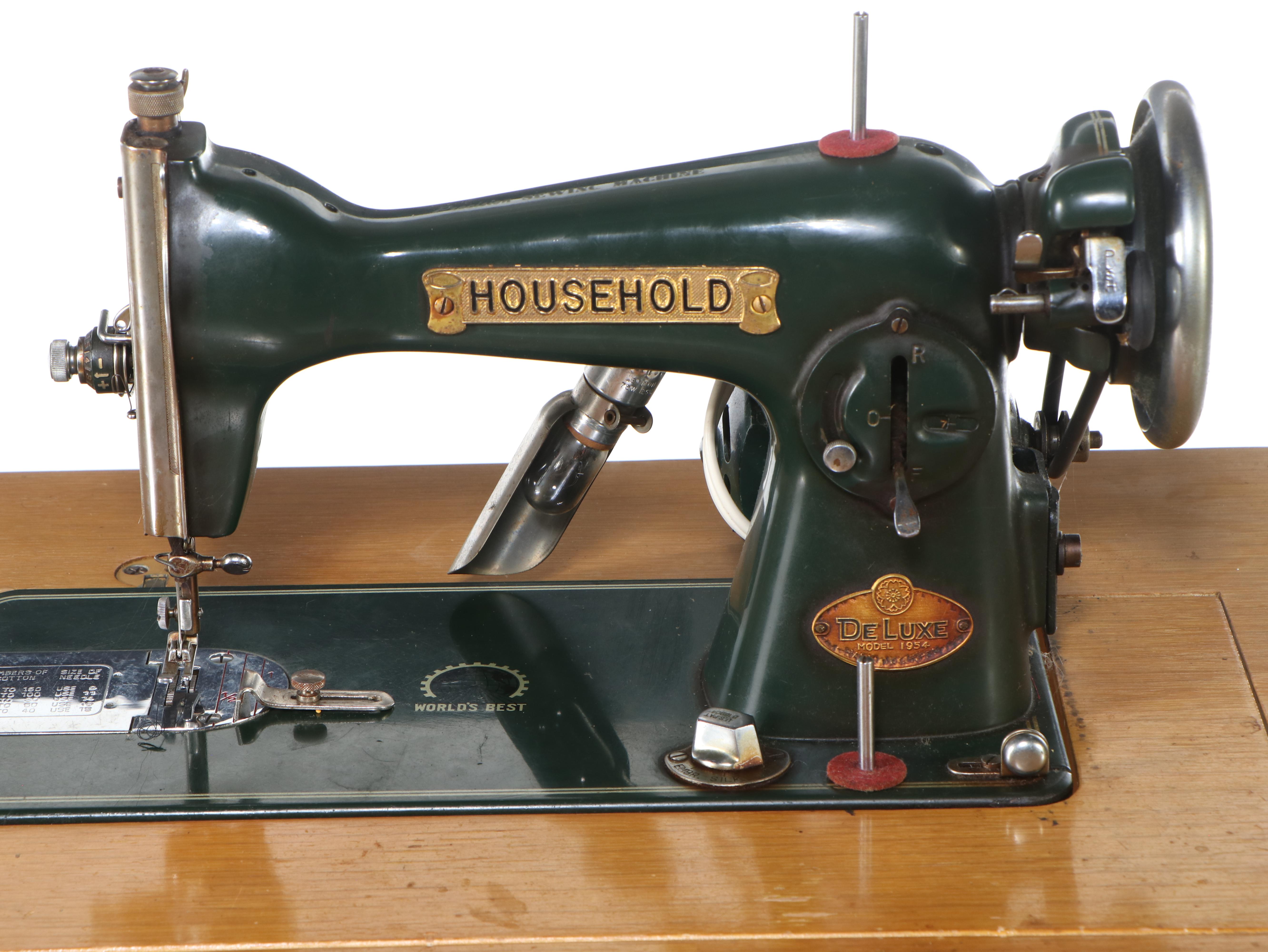 Oak Sewing Table with DeLuxe Model 1954 Household Sewing Machine and Chair