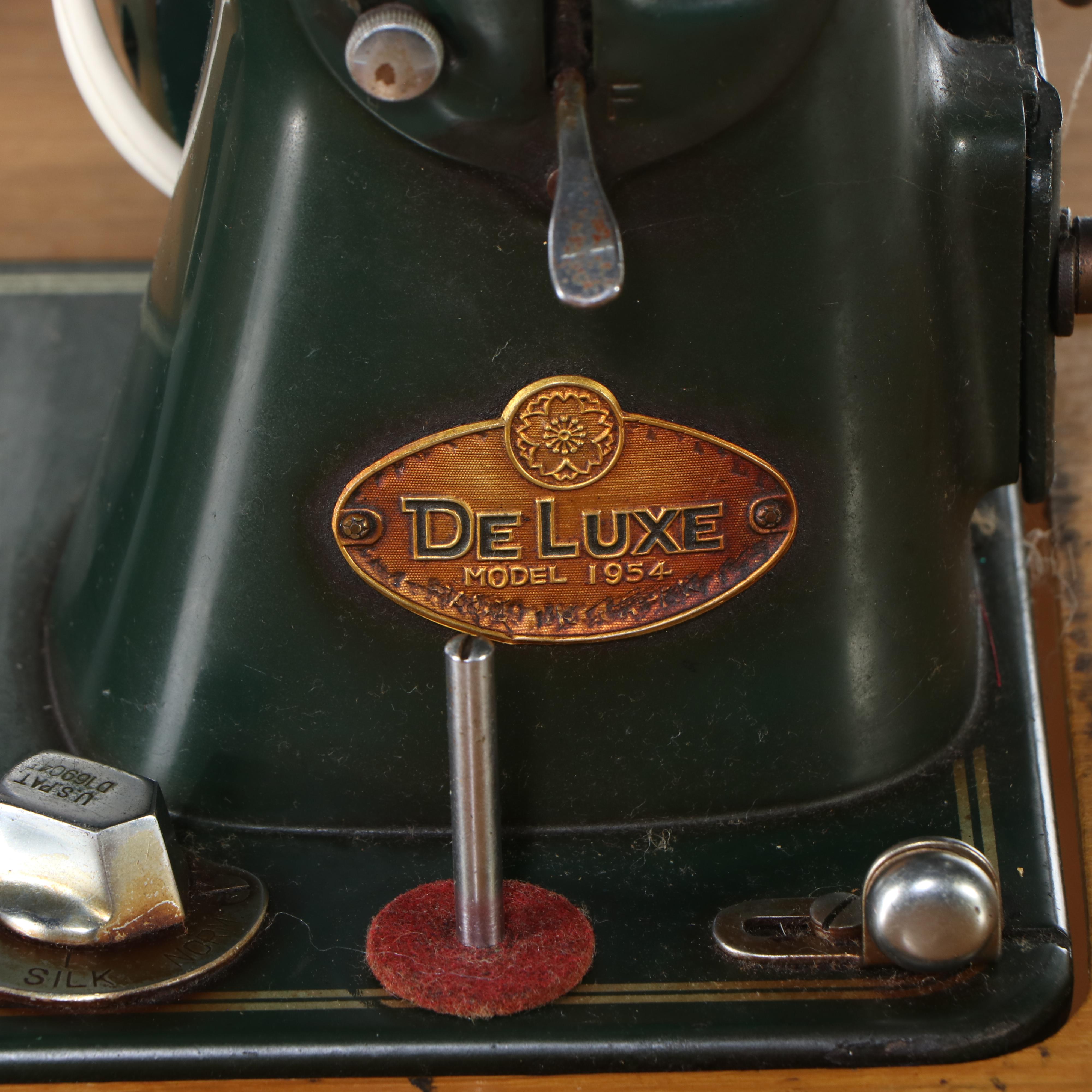 Oak Sewing Table with DeLuxe Model 1954 Household Sewing Machine and Chair