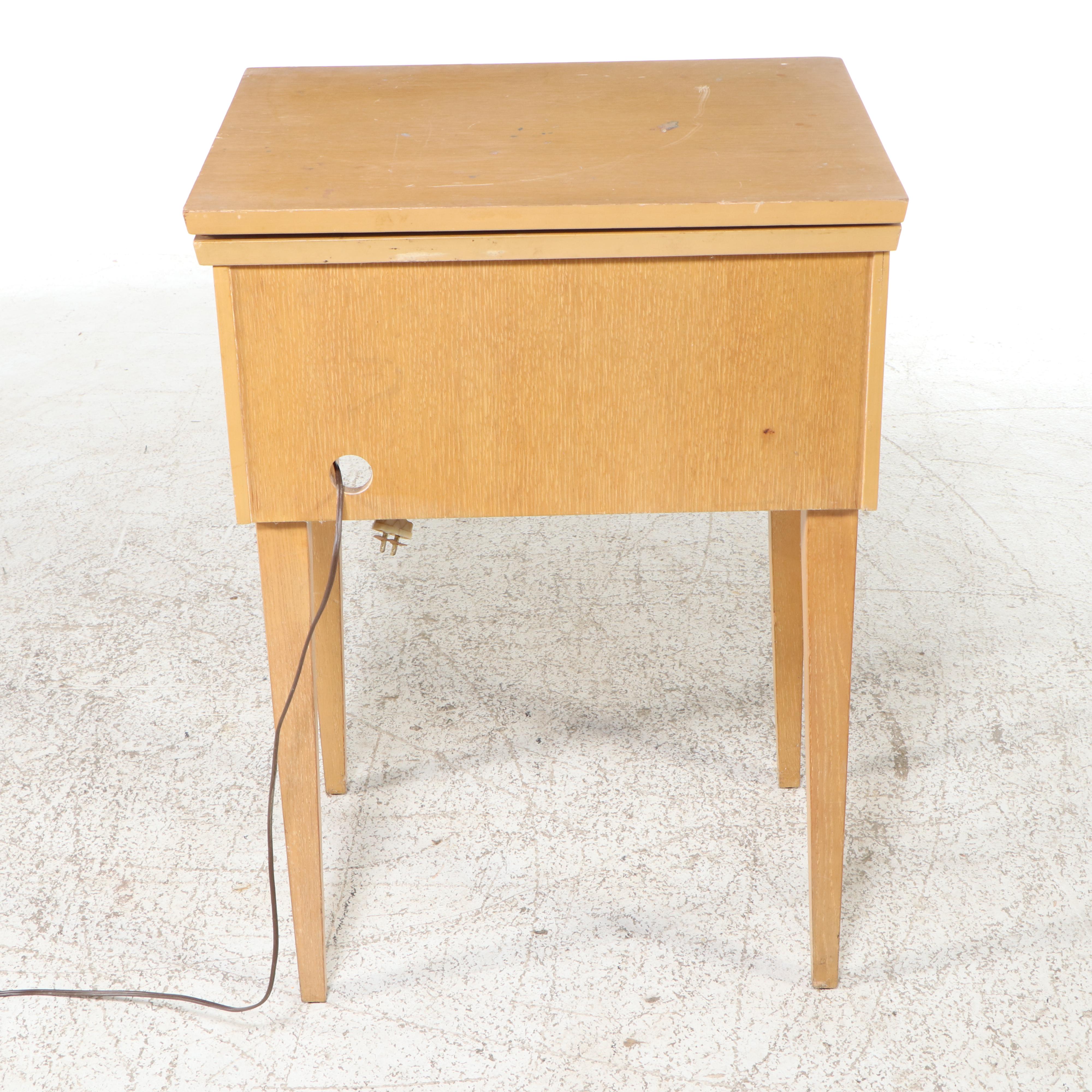 Oak Sewing Table with DeLuxe Model 1954 Household Sewing Machine and Chair