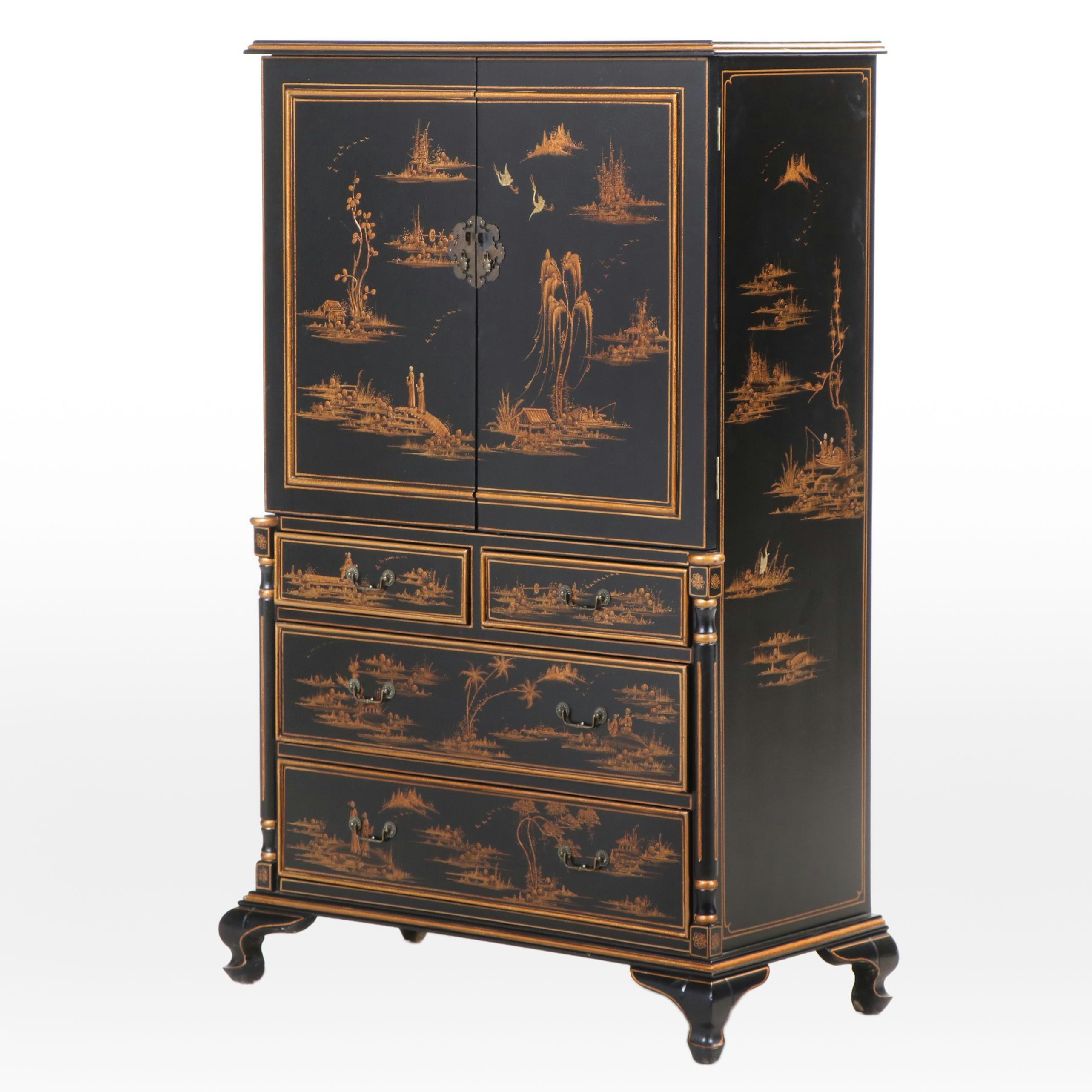 Queen Anne Style Ebonized, Parcel Gilt, and Chinoiserie-Decorated Cabinet
