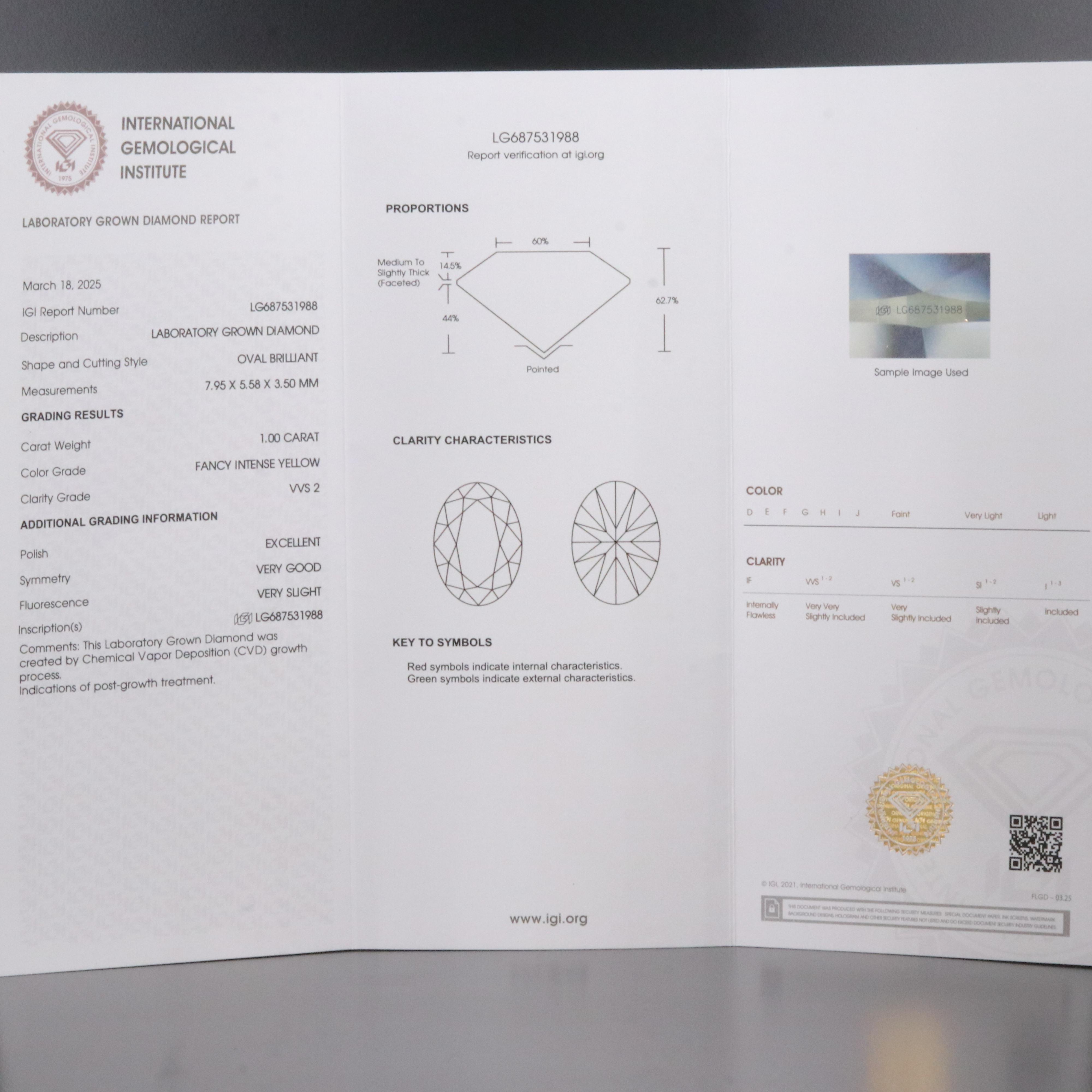 Loose 1.00 CT Lab Grown Fancy Yellow Diamond with IGI Report