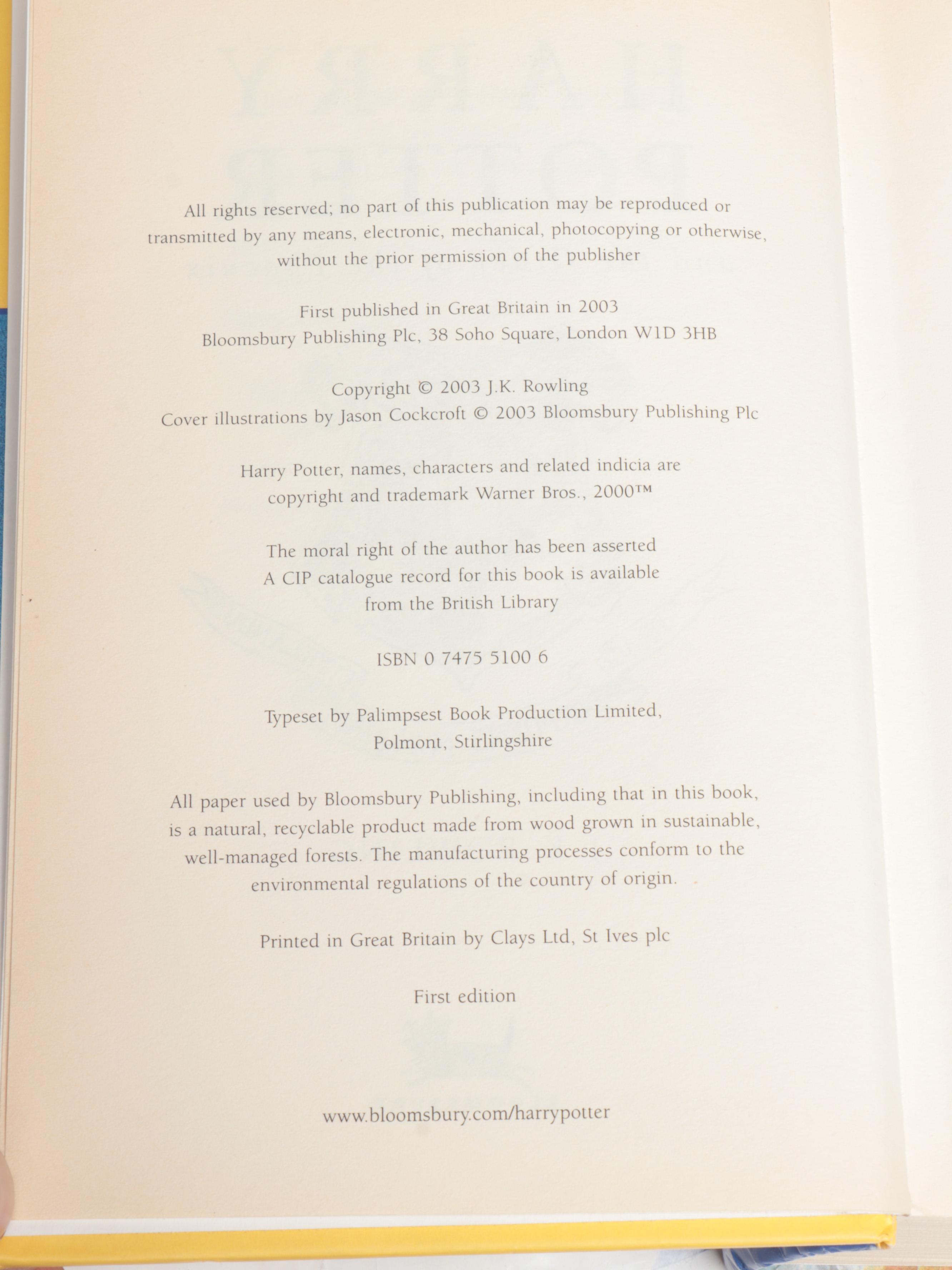 First UK Edition "Harry Potter and the Order of the Phoenix" by J. K. Rowling