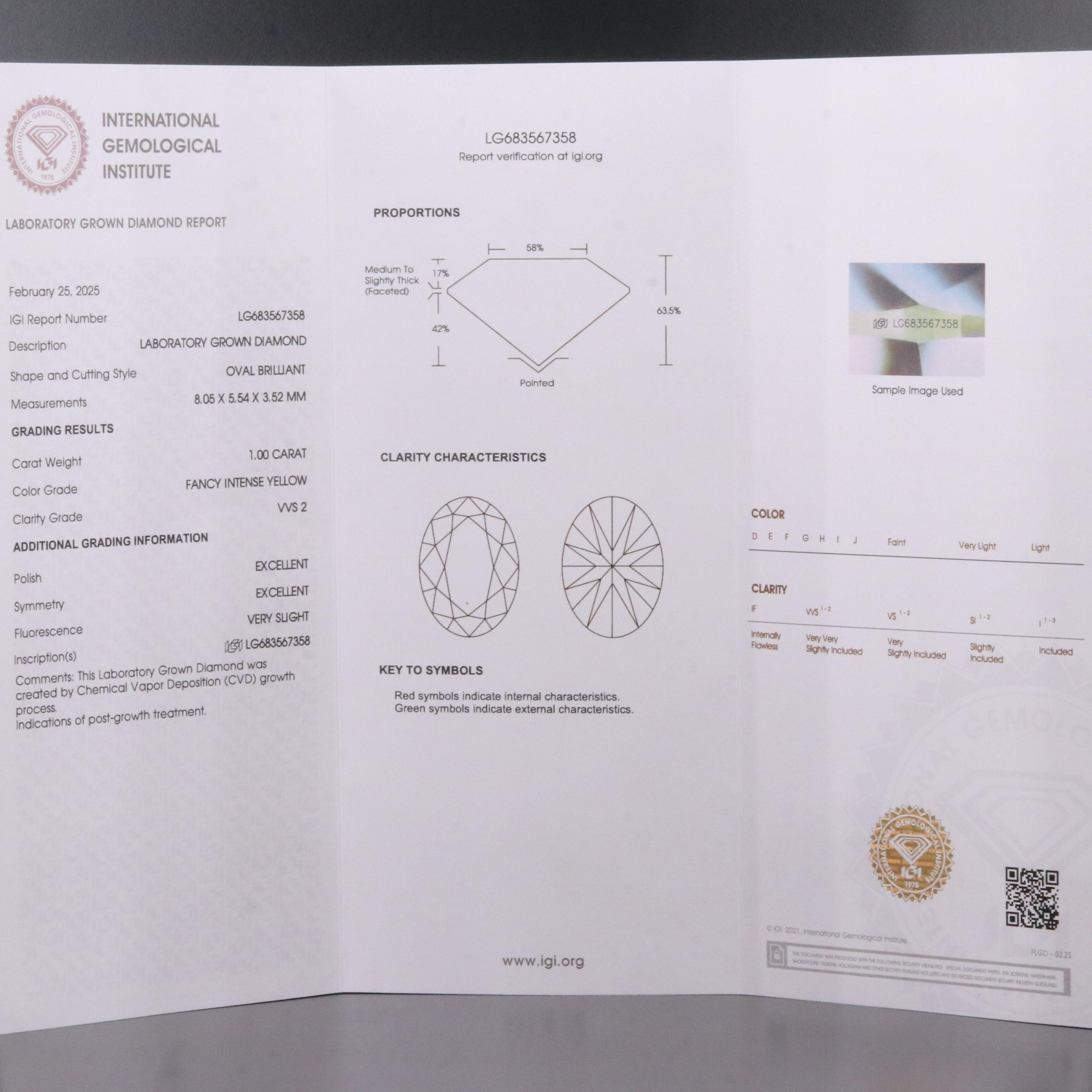 Loose 1.00 CT Lab Grown Fancy Yellow Diamond with IGI Report