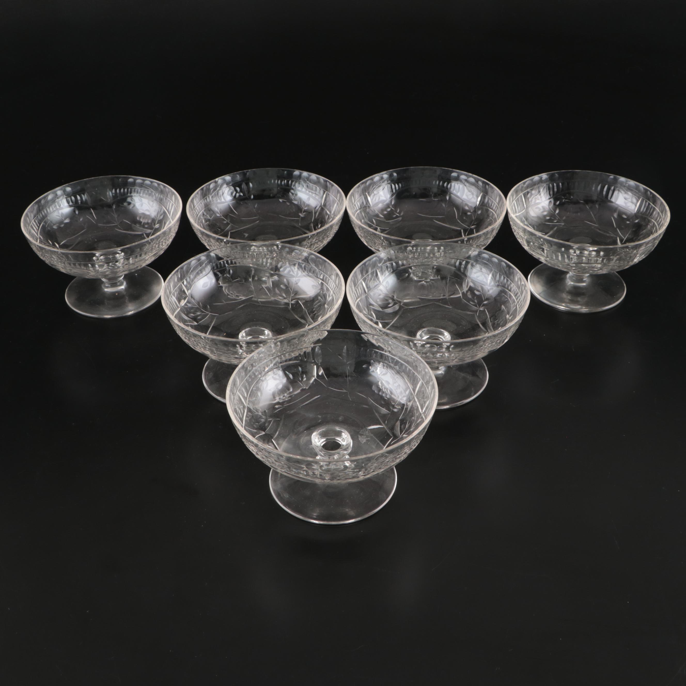 French Style Etched Glass Low Sherbets, Early to Mid-20th Century