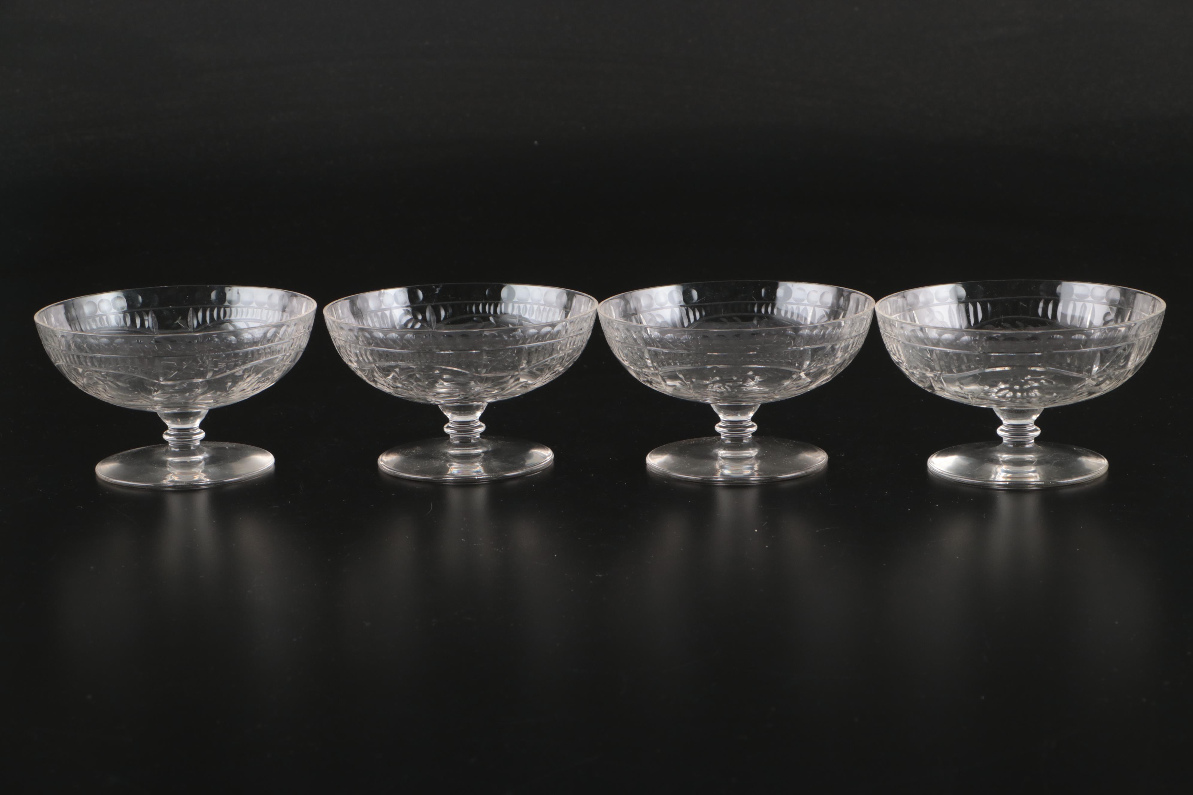 French Style Etched Glass Low Sherbets, Early to Mid-20th Century
