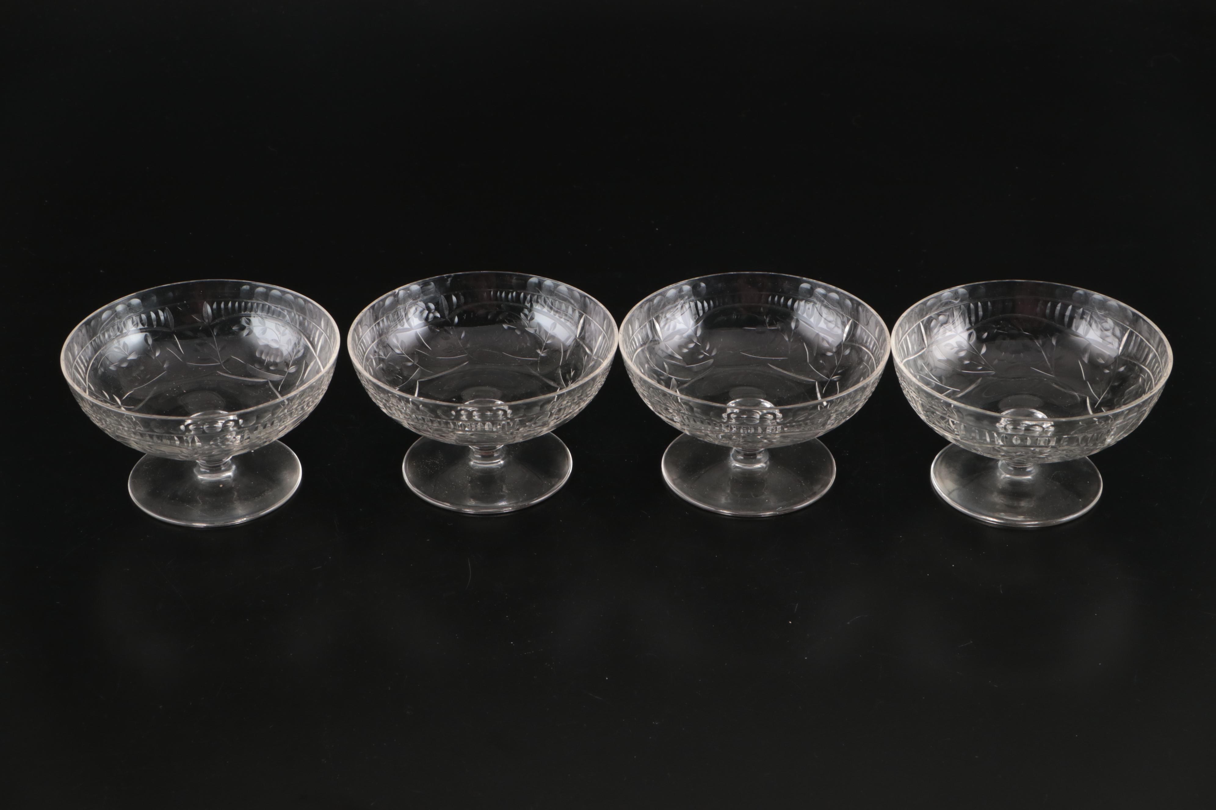 French Style Etched Glass Low Sherbets, Early to Mid-20th Century