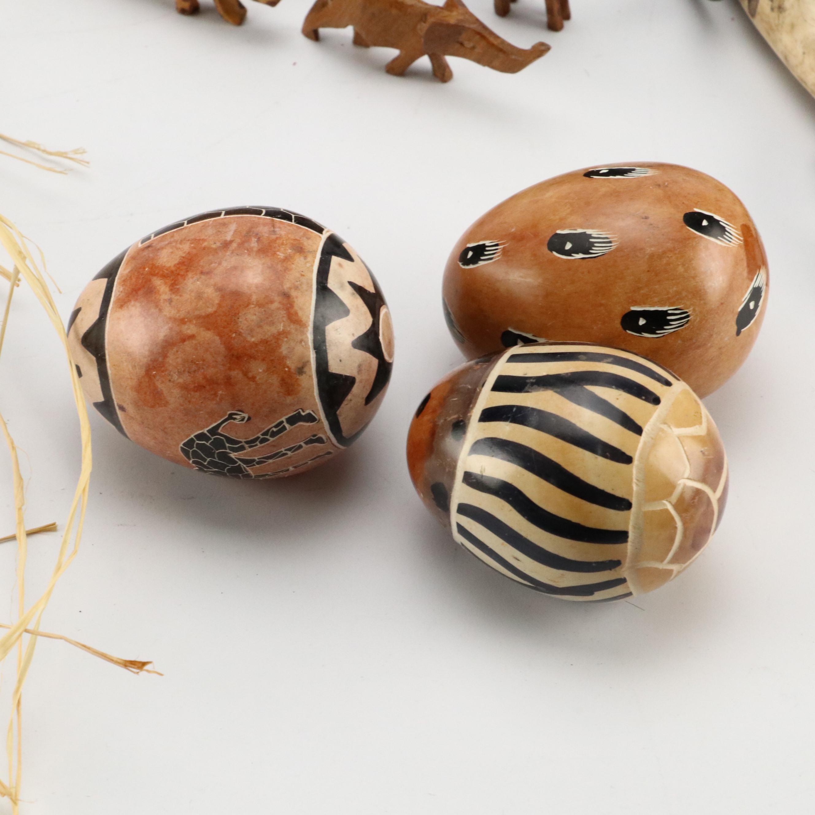 Kenyan Kisii Hand-Carved Soapstone Eggs, Carved Wood Safari Animals, Zaire Mask