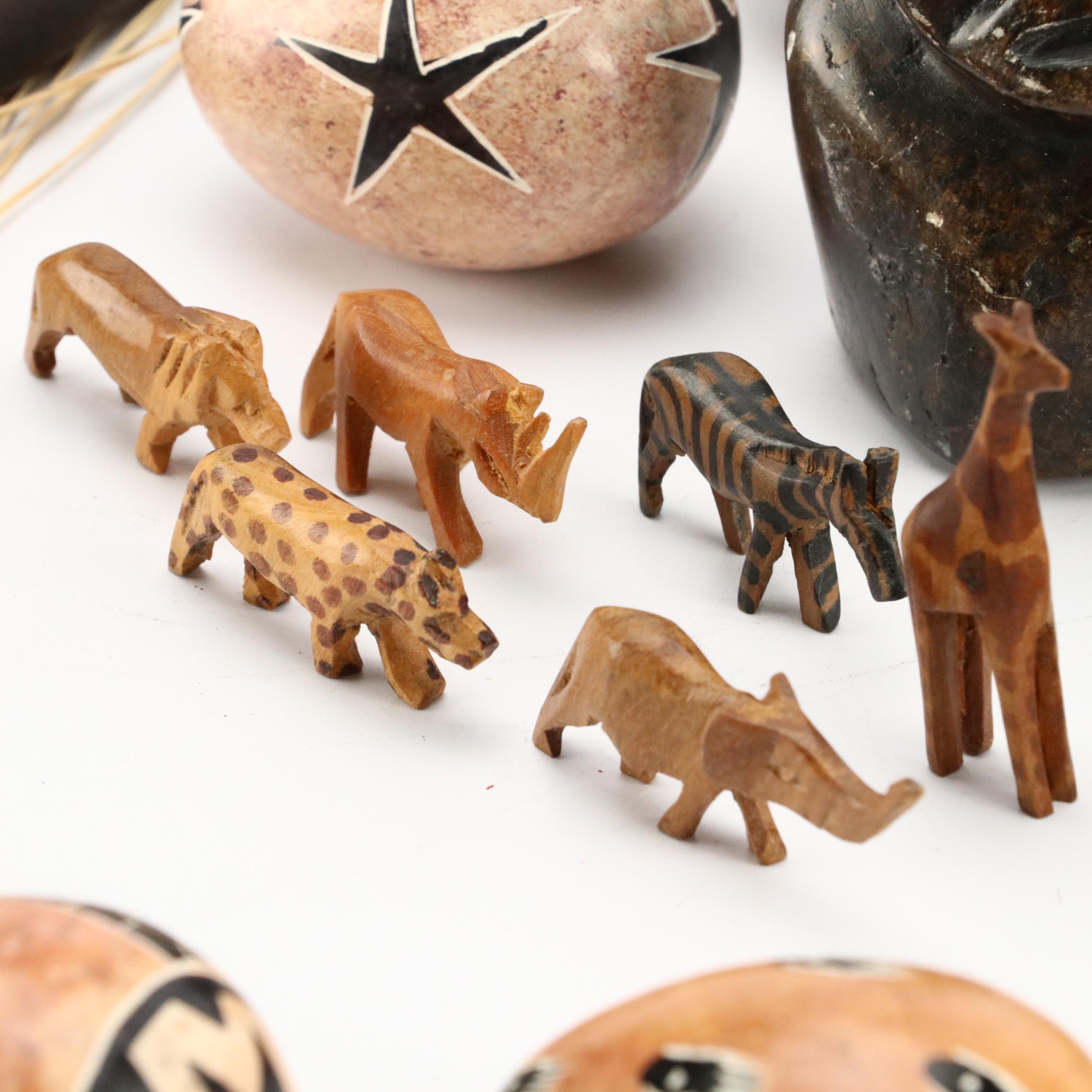 Kenyan Kisii Hand-Carved Soapstone Eggs, Carved Wood Safari Animals, Zaire Mask