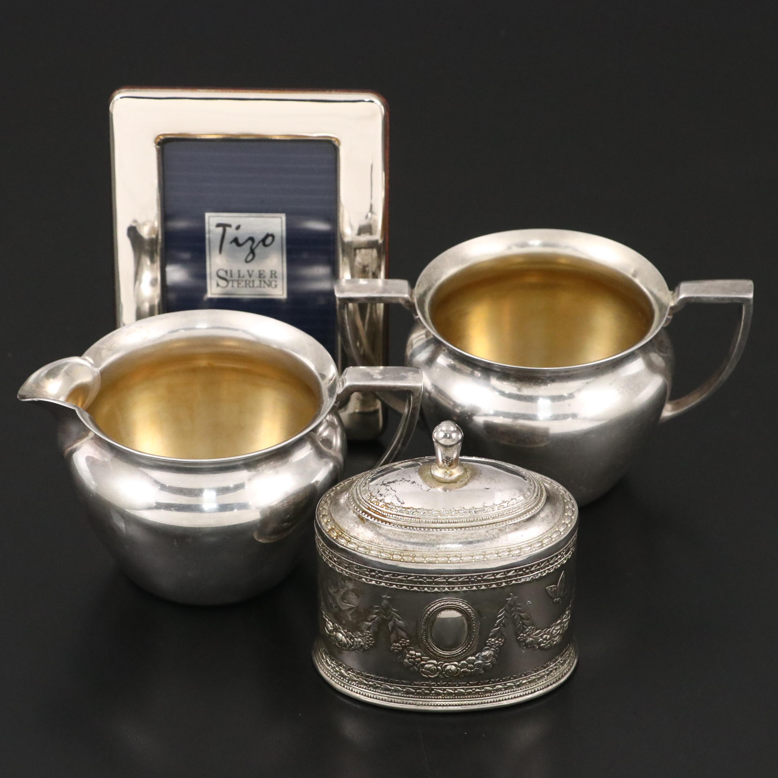 Italian Sterling Frame with Plate Box and International Creamer and Sugar Pair