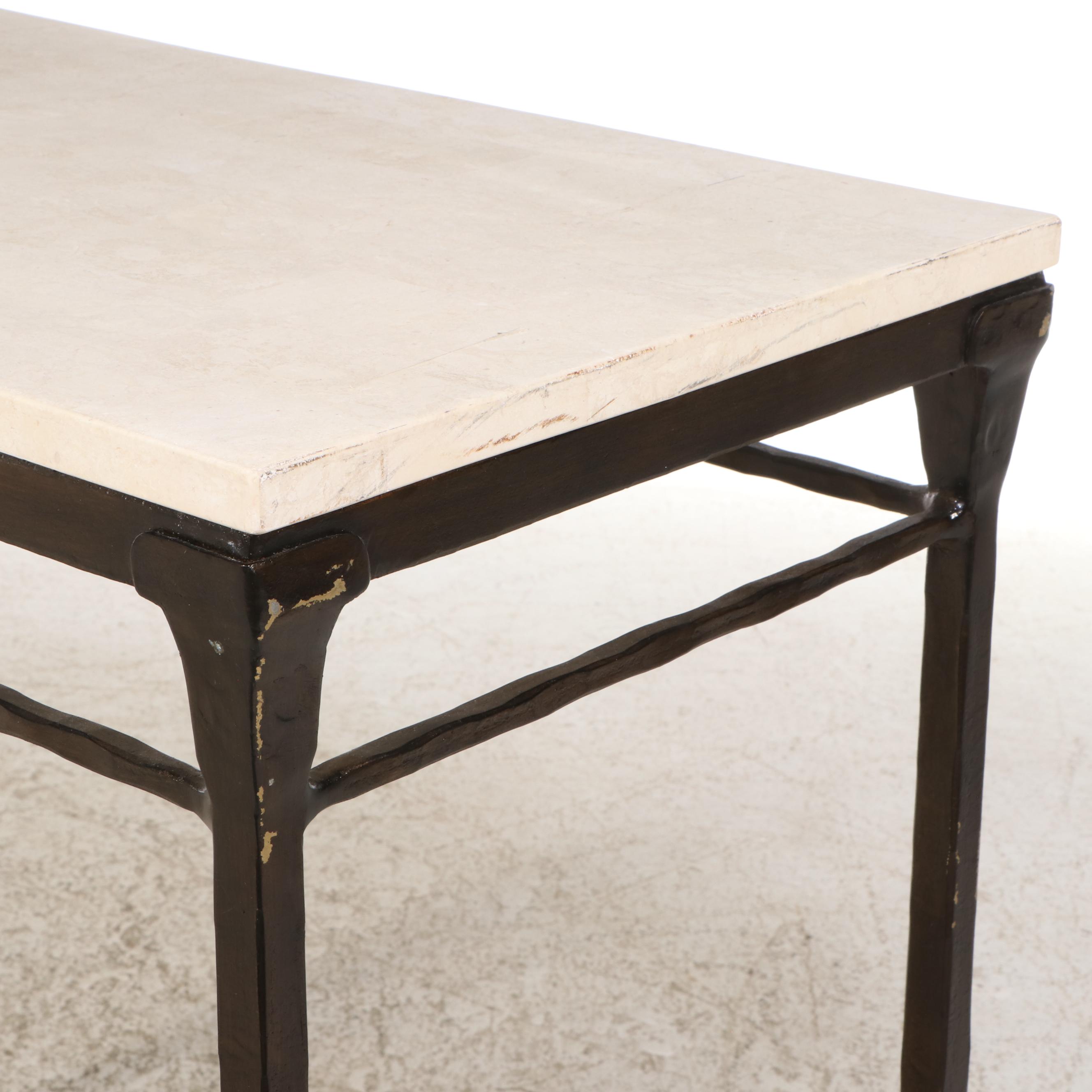 Bernhardt Wrought Iron Console Table with Tessellated Travertine Marble Top