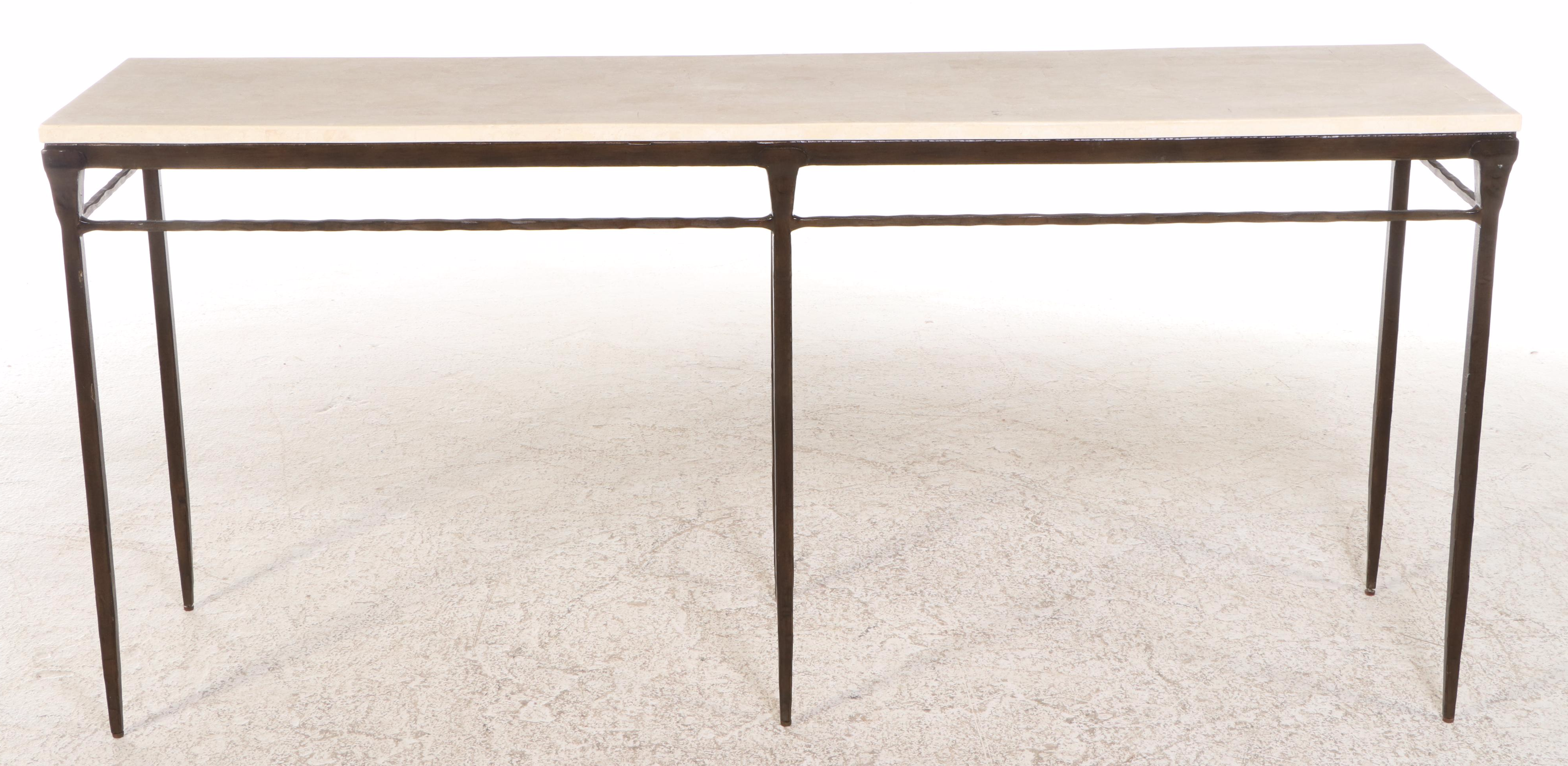 Bernhardt Wrought Iron Console Table with Tessellated Travertine Marble Top