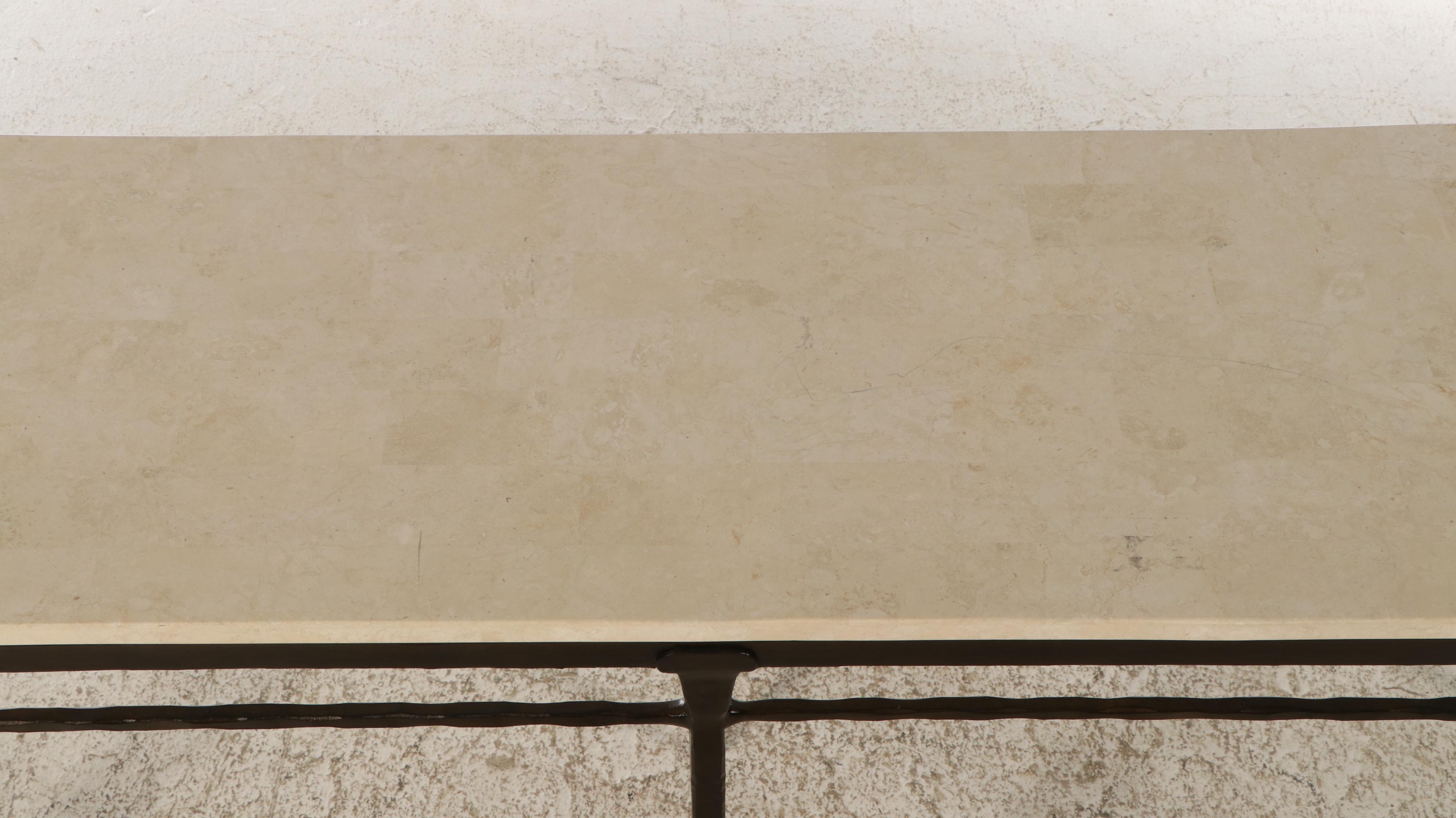 Bernhardt Wrought Iron Console Table with Tessellated Travertine Marble Top