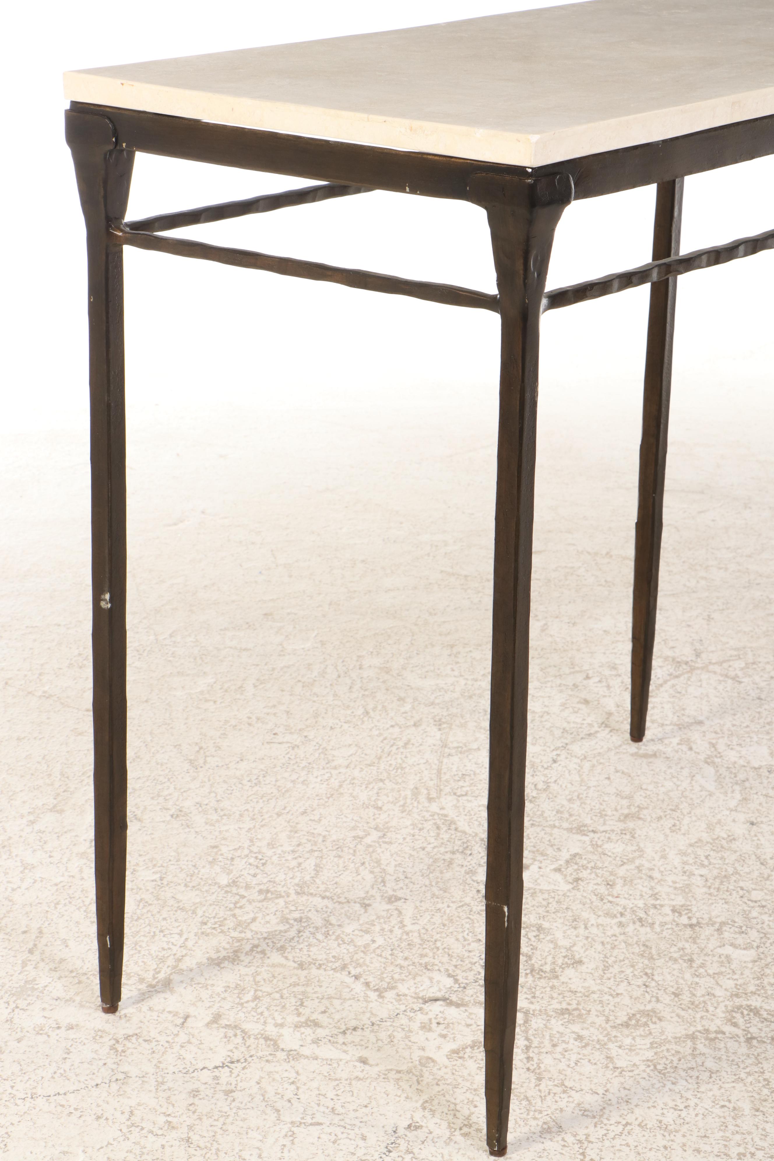 Bernhardt Wrought Iron Console Table with Tessellated Travertine Marble Top