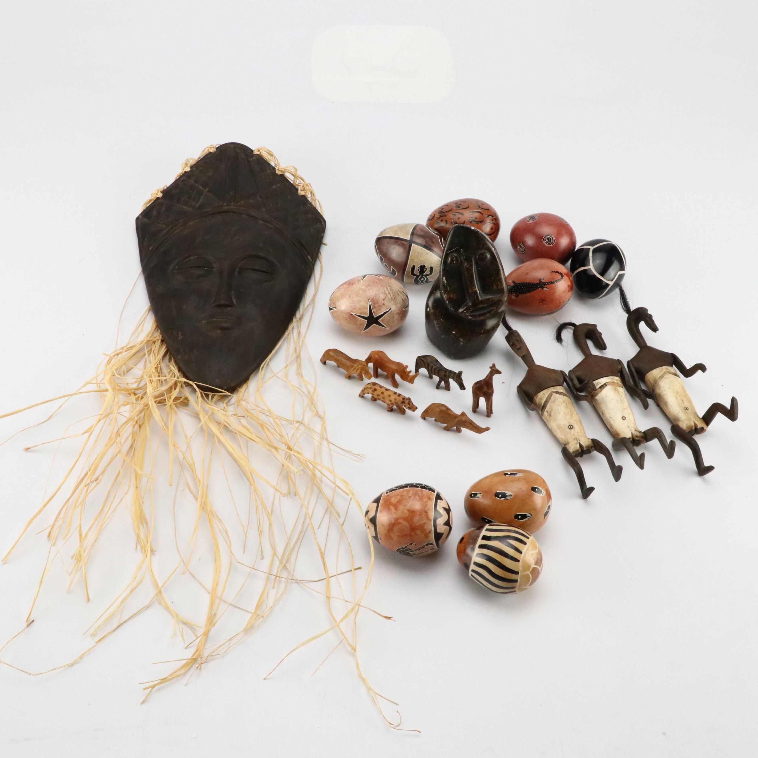 Kenyan Kisii Hand-Carved Soapstone Eggs, Carved Wood Safari Animals, Zaire Mask