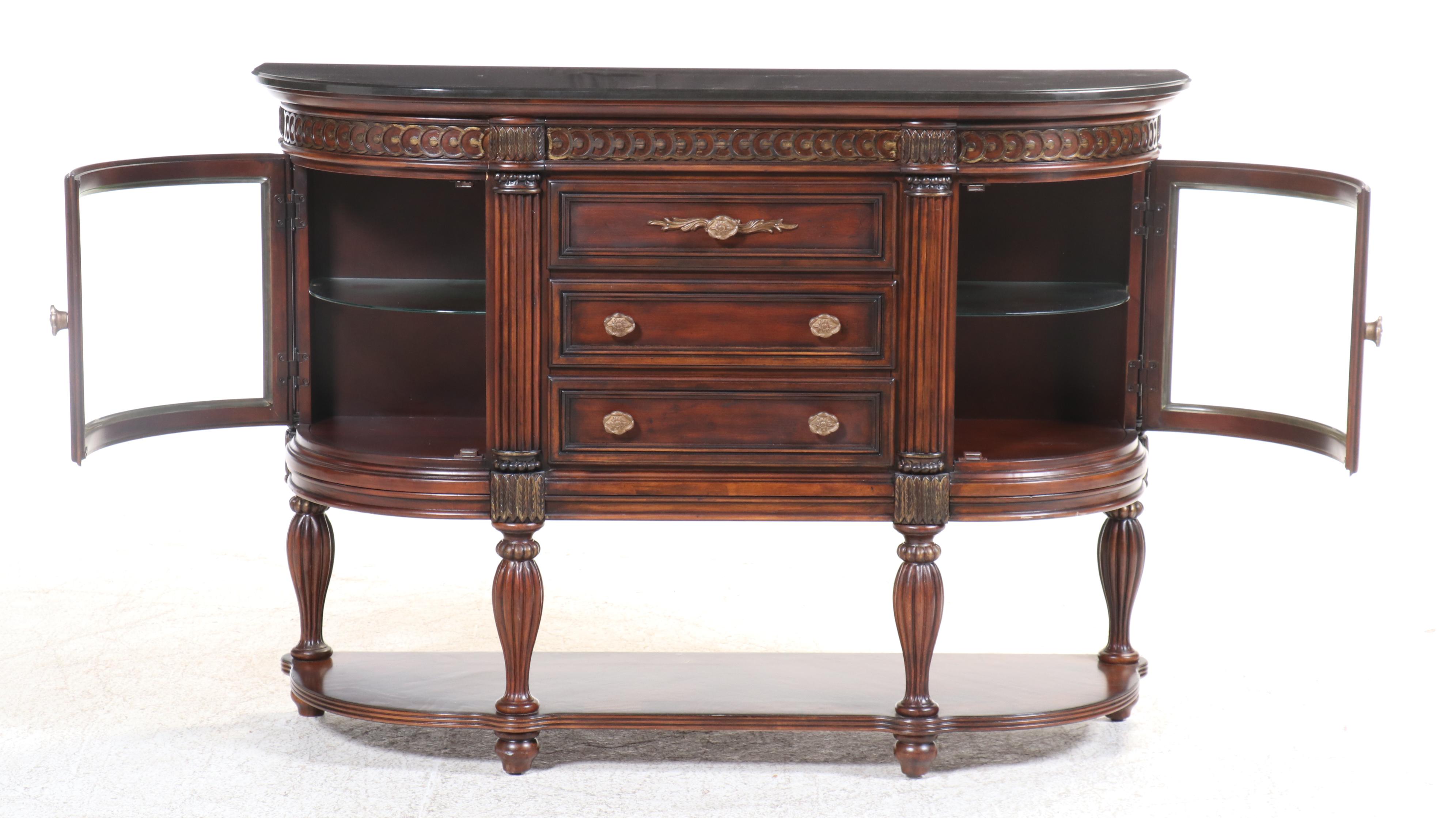 American Signature Neoclassical Style Granite Top Mahogany-Stained Sideboard