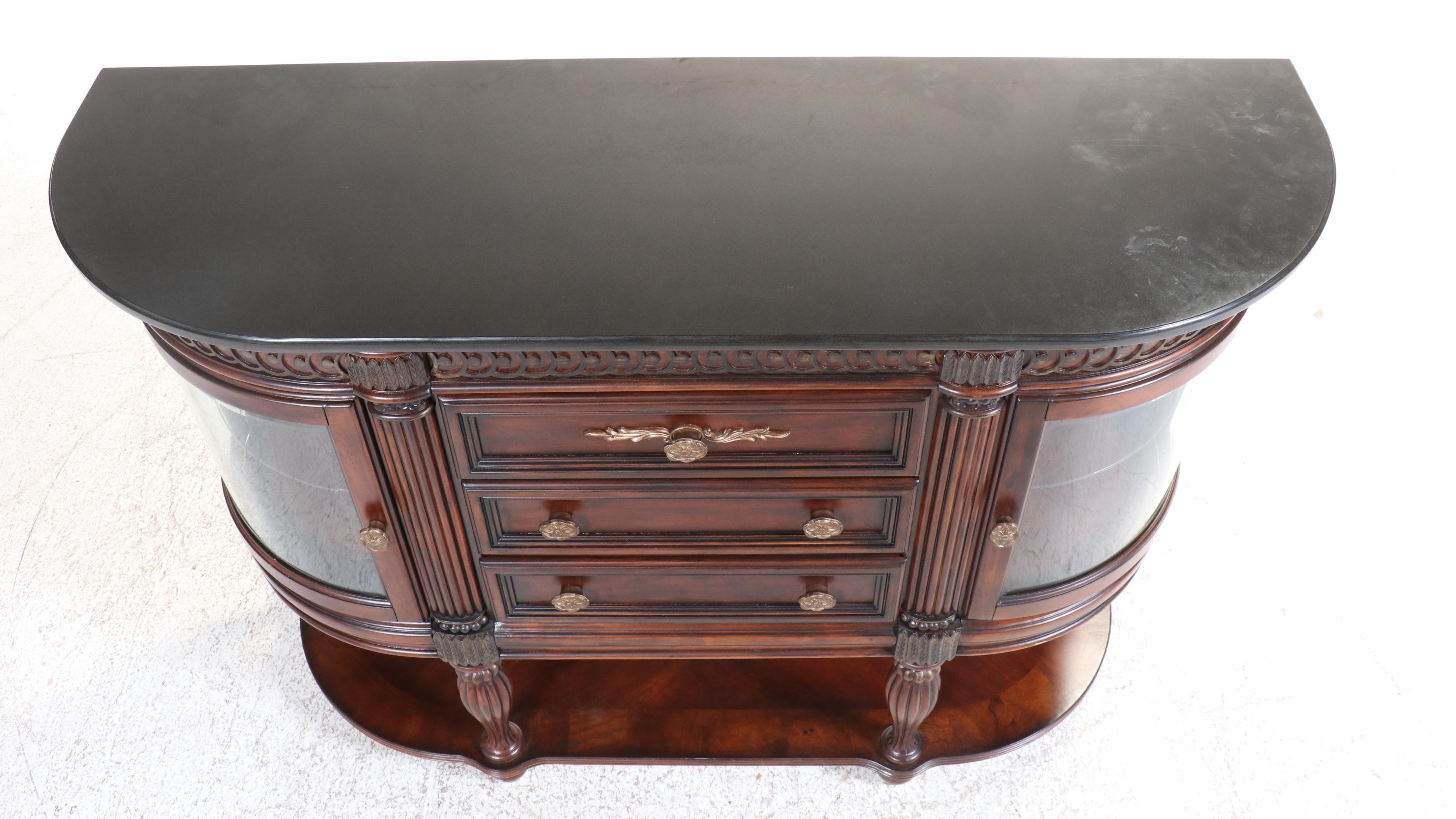 American Signature Neoclassical Style Granite Top Mahogany-Stained Sideboard