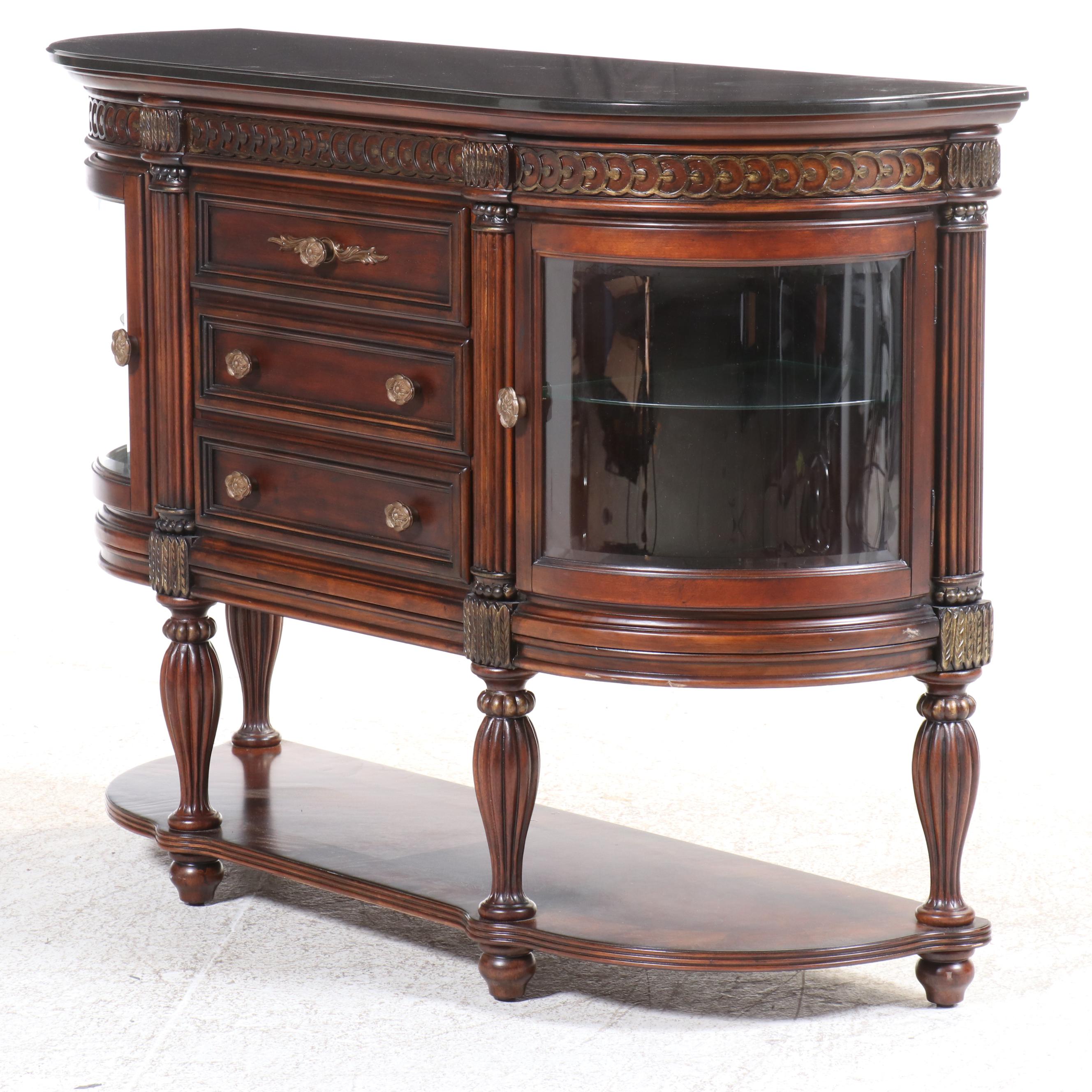 American Signature Neoclassical Style Granite Top Mahogany-Stained Sideboard
