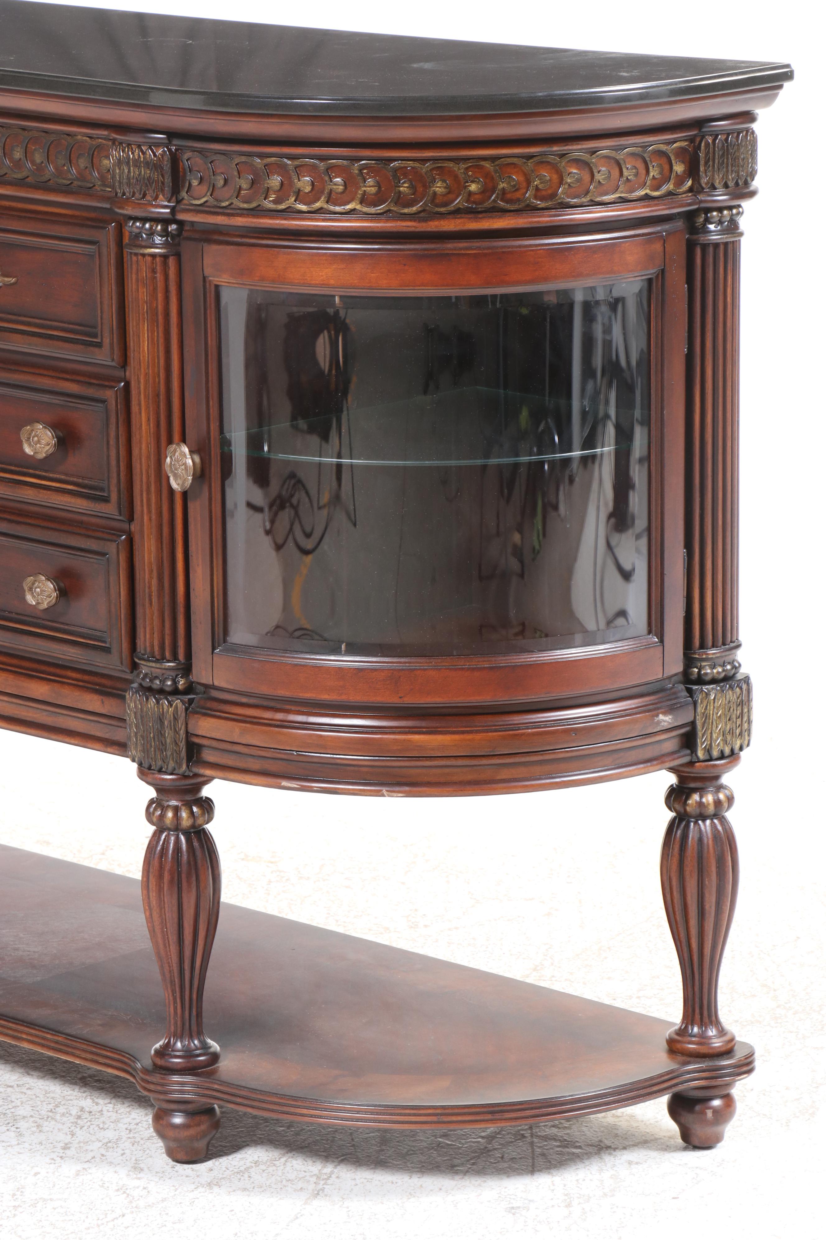 American Signature Neoclassical Style Granite Top Mahogany-Stained Sideboard
